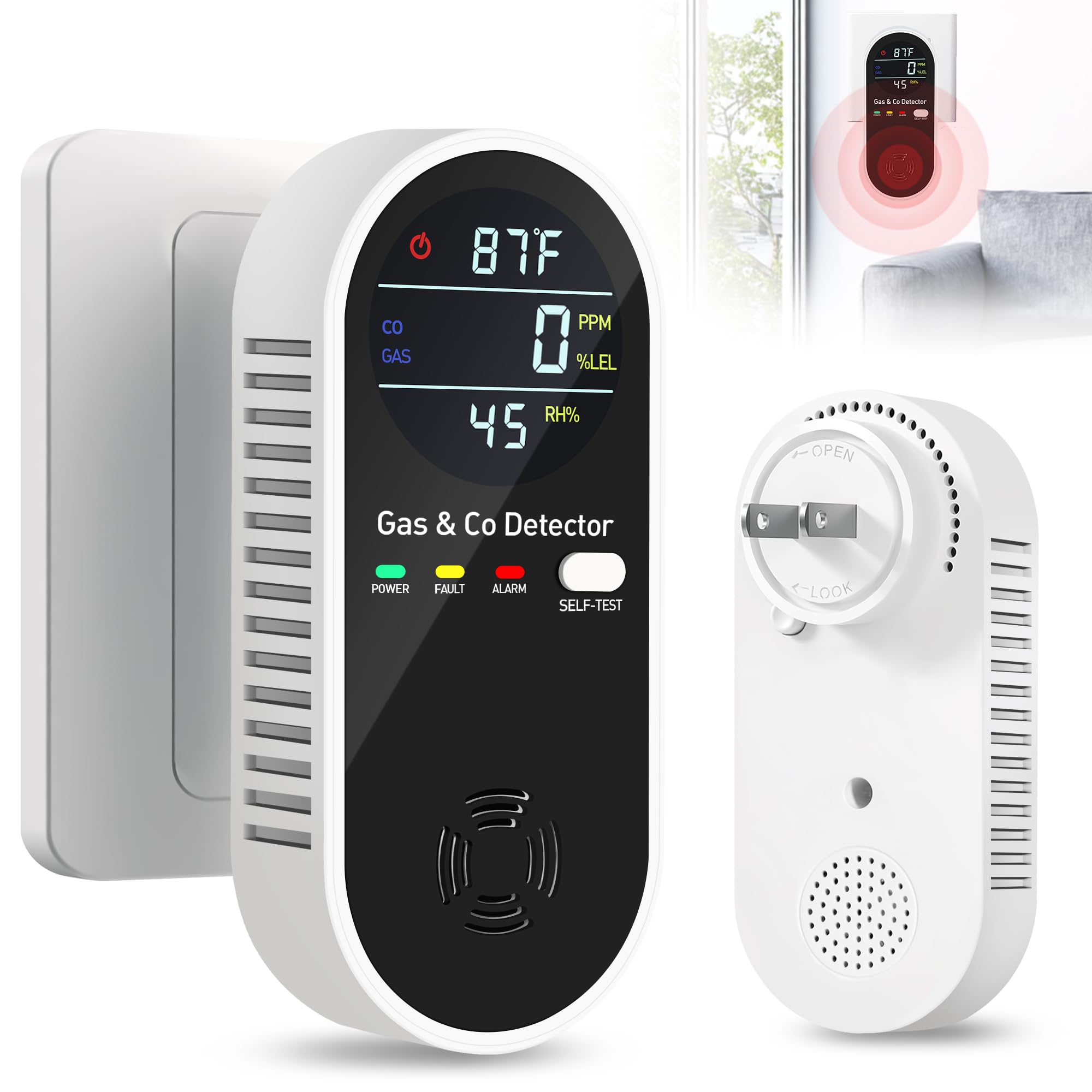4-in-1 Portable Carbon Monoxide Detectors Plug in – Natural Gas Leak Detector, Methane & CO Alarm with Dual Sensor, Temperature & Humidity Display for