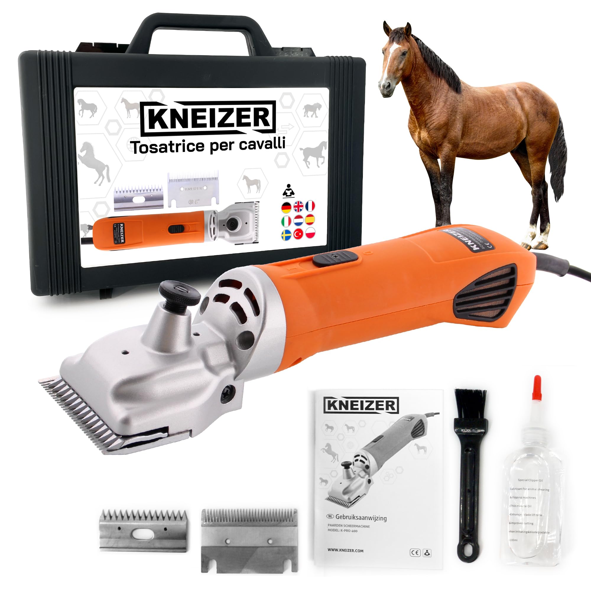 Tosatrice per Cavalli K-PRO 400 - Con Lame Intercambiabili - Silenziosa e a Bassa Vibrazione - Serenità per il Cavallo - Adatta a Tutti i Tipi di Pelo e Parti del Corpo - Senza Manutenzione
