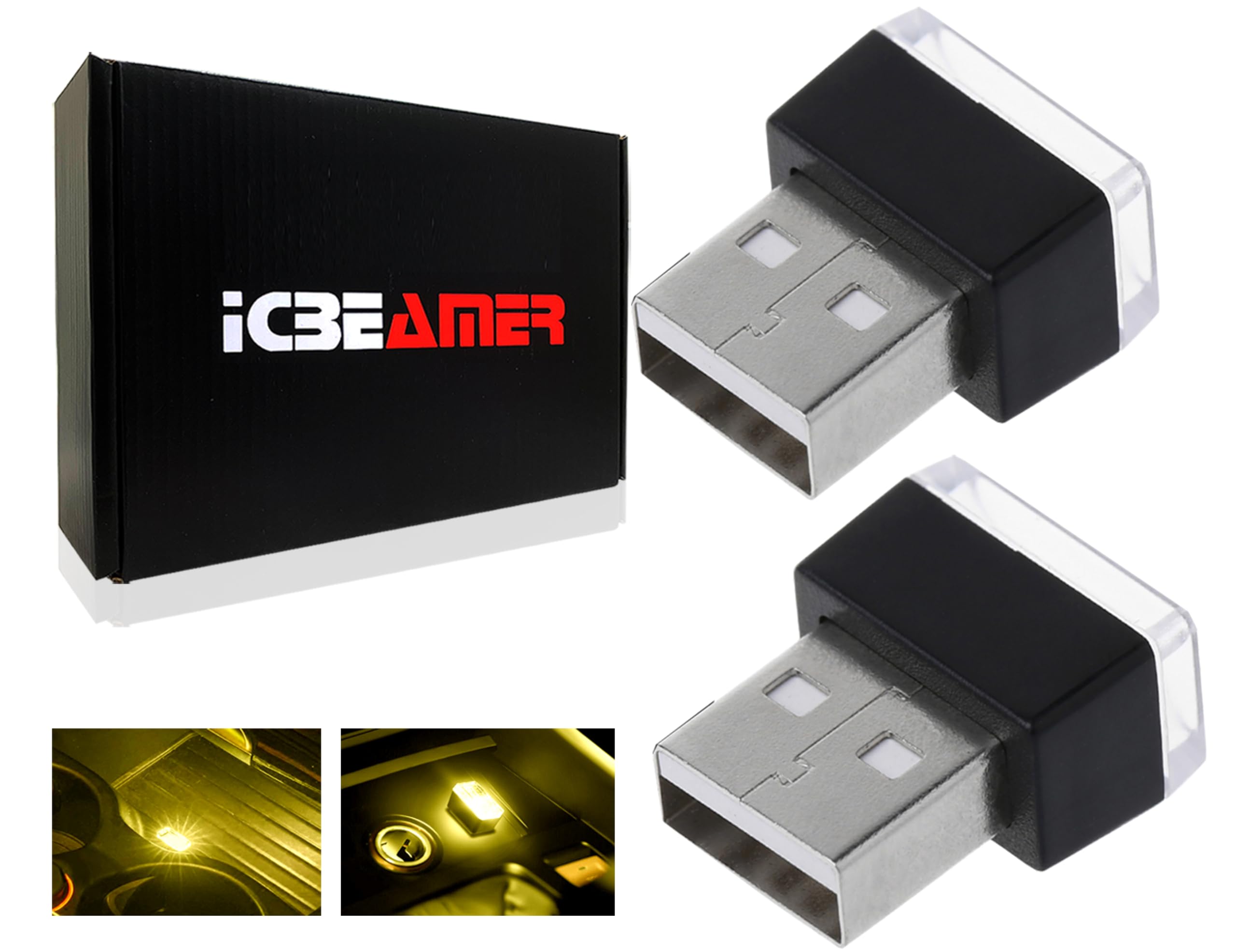 ICBEAMER 2-Pack USB Type-A LED Night Light, Color: Yellow | Plug-in Universal Fit Automotive Accessories for Car Interior and Trunk Ambient Atmosphere Lighting