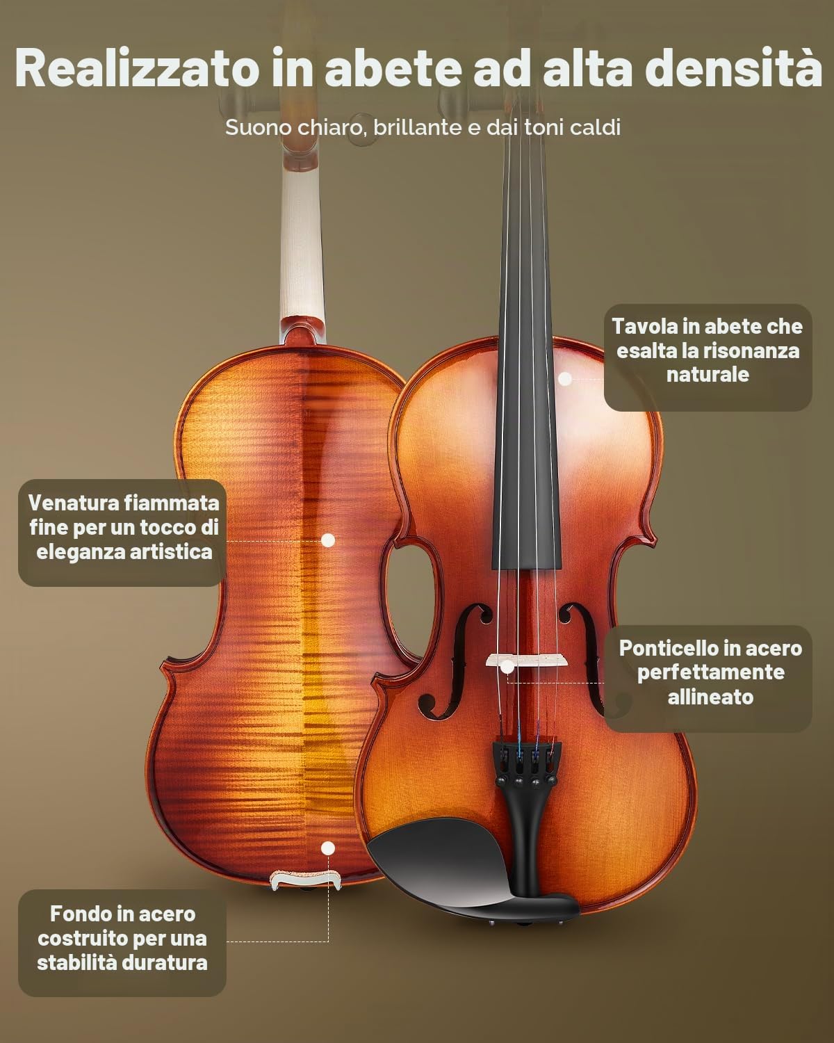 VEVOR Set di Violini da 355 mm Set Completo per Violino in Legno Massello, Misura Standard, con Custodia Rigida, Colofonia, Archetto, Spalliera, Ponticello, Corde Extra, Marrone Lucido con Motivi