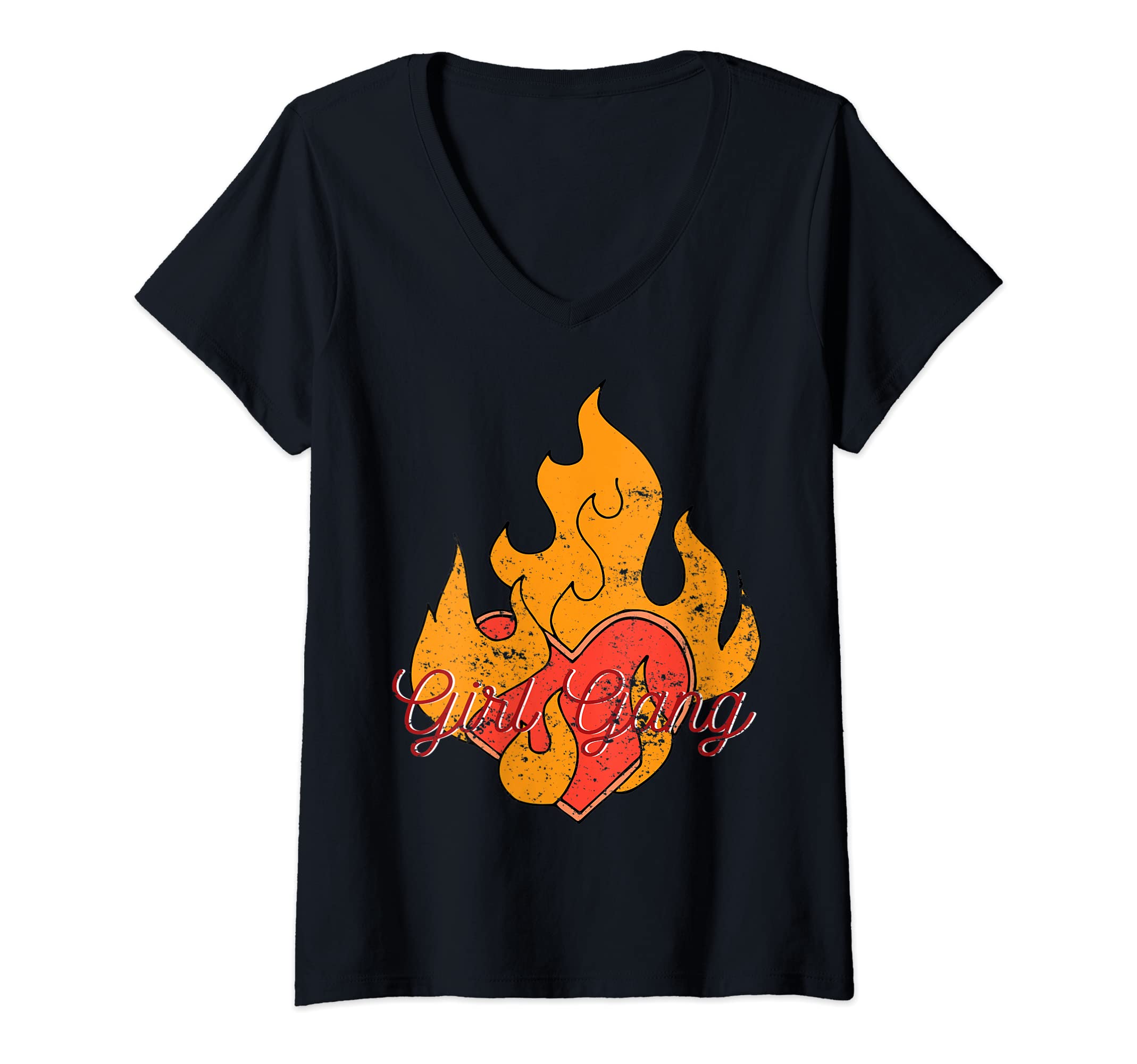 Classic Trendy Vogue Style Things Inc.Womens Girl Gang Heart On Fire Vogue Style V-Neck T-Shirt