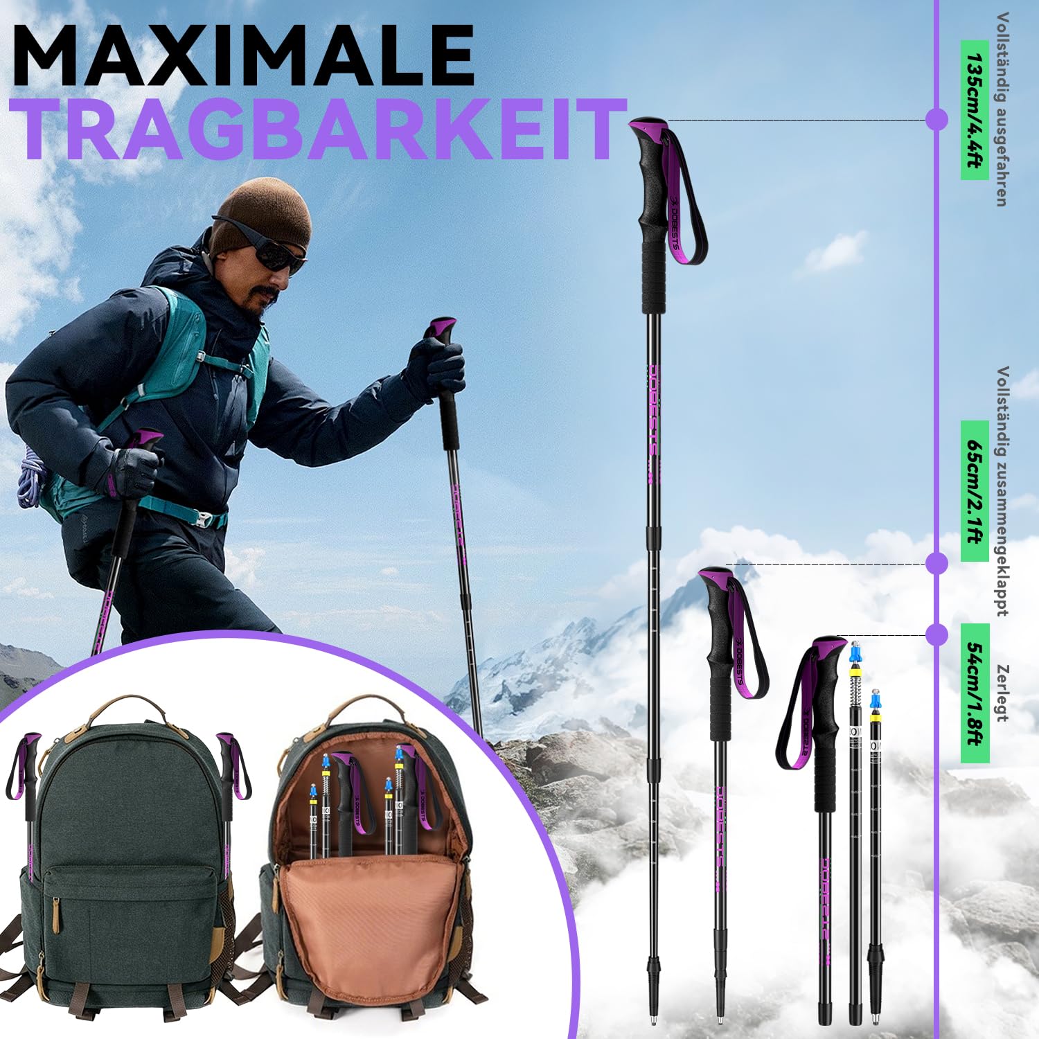 DOBESTS Teleskop-Wanderstöcke 2 Stück, Nordic-Walking-Stöcke 65-135 cm