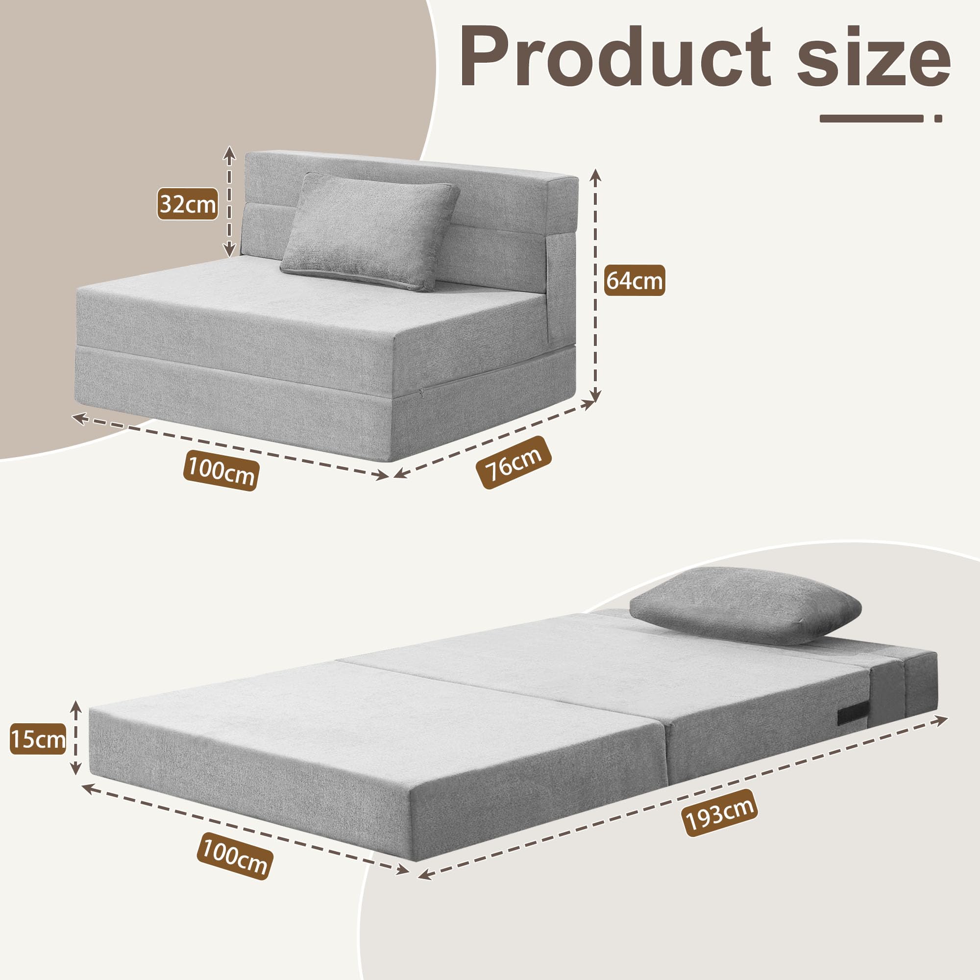 Doppelte Schlafsofa 100 x 203 cm - Faltbare Schlafcouch Gästematratze für 2 - Schlaffunktion, Bettcouch für Wohnzimmer Schlafzimmer mit Memory Schaum & Kissen, Bodensessel Waschbar Set Hellgrau