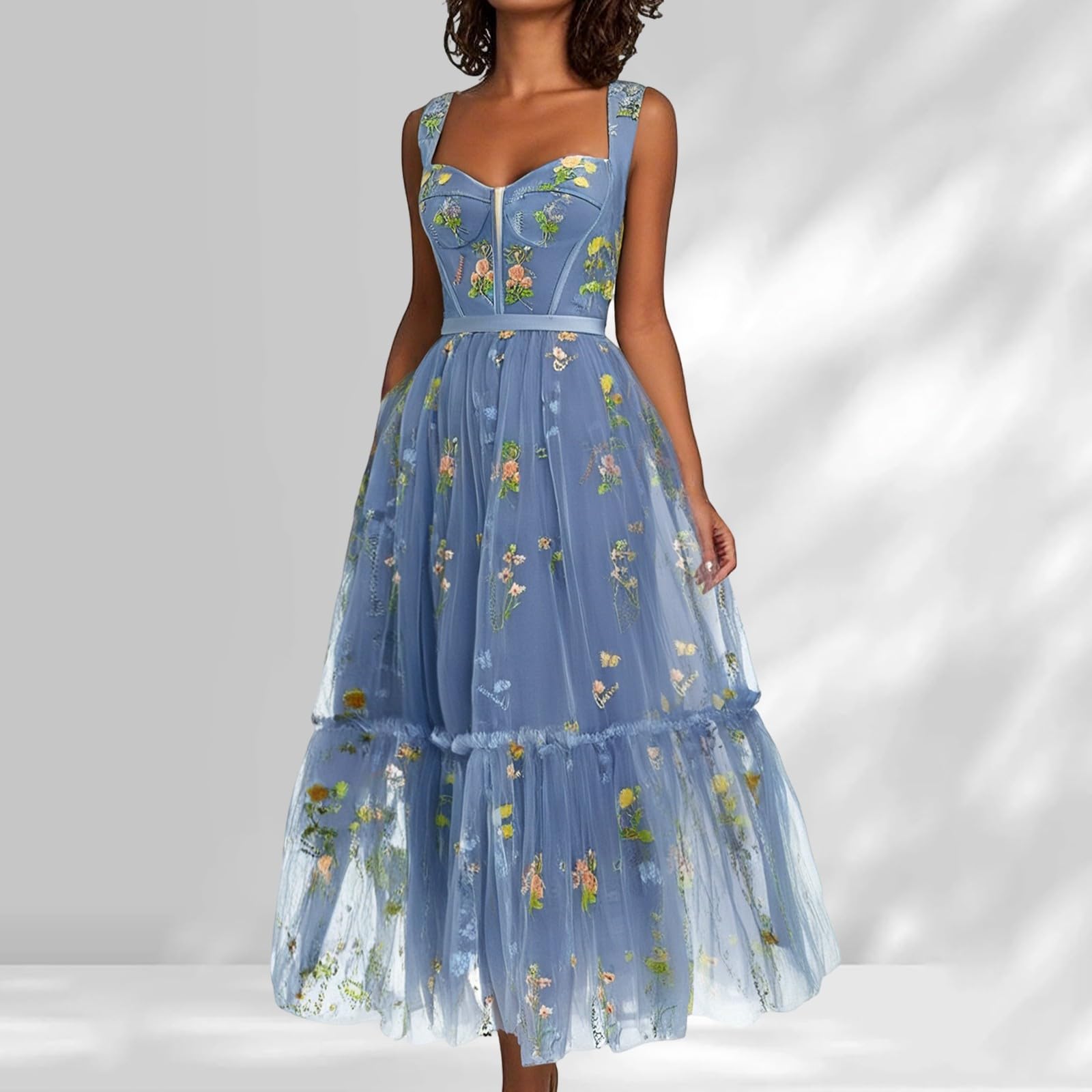 Abiti da Ballo da Donna con Ricami Floreali, Lunghezza tè, Corsetto, Linea A, da Fata, Abito da Sera Formale