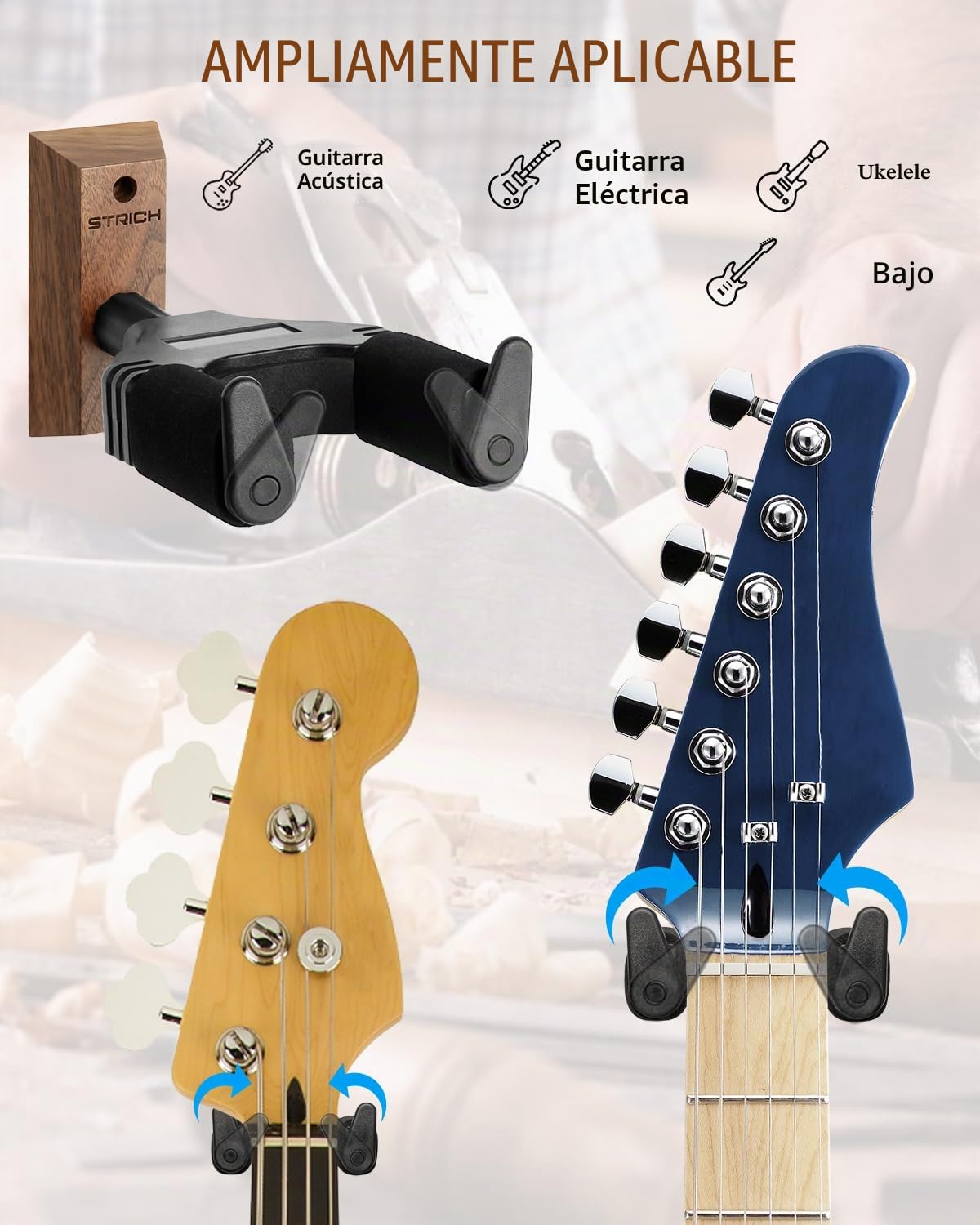 STRICH Soporte de pared para guitarra, nogal, en forma de U con tornillos, gancho de bloqueo automático para guitarra acústica, guitarra eléctrica, banjo, bajo (paquete de 2)