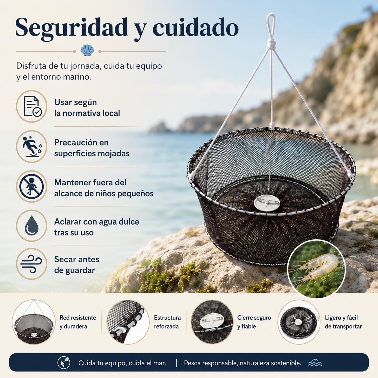 Pack 4 Reteles para Quisquillas y Camarones de Agua Salada | Doble Aro Metálico de 40 cm con Lastre e Imperdible malla 4 mm Agua Salada