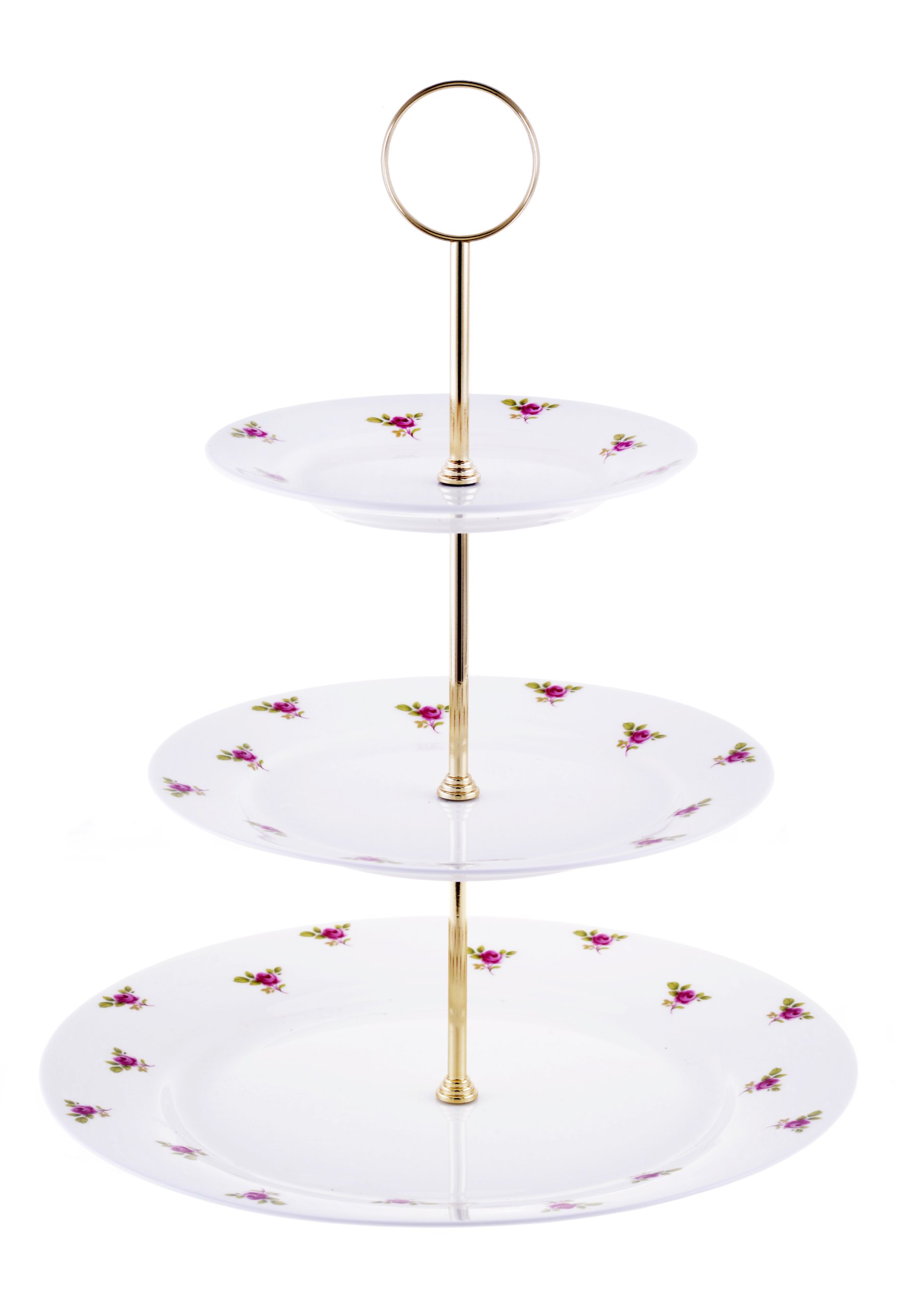 Kirsty Jayne China Bone China 3 Tier DOT Rose Ditsy Pink Rose Flowers Cake Stand* Silver OR Gold Handle Fitting, Hand Decorated Staffordshire, England.