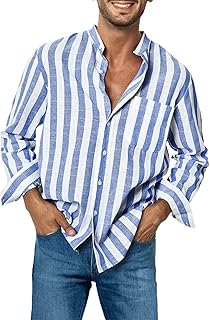 Sponsored Ad - JMIERR Mens Casual Cotton Striped Long Sleeve Linen Feel Shirts Band Collar Button Down Shirt