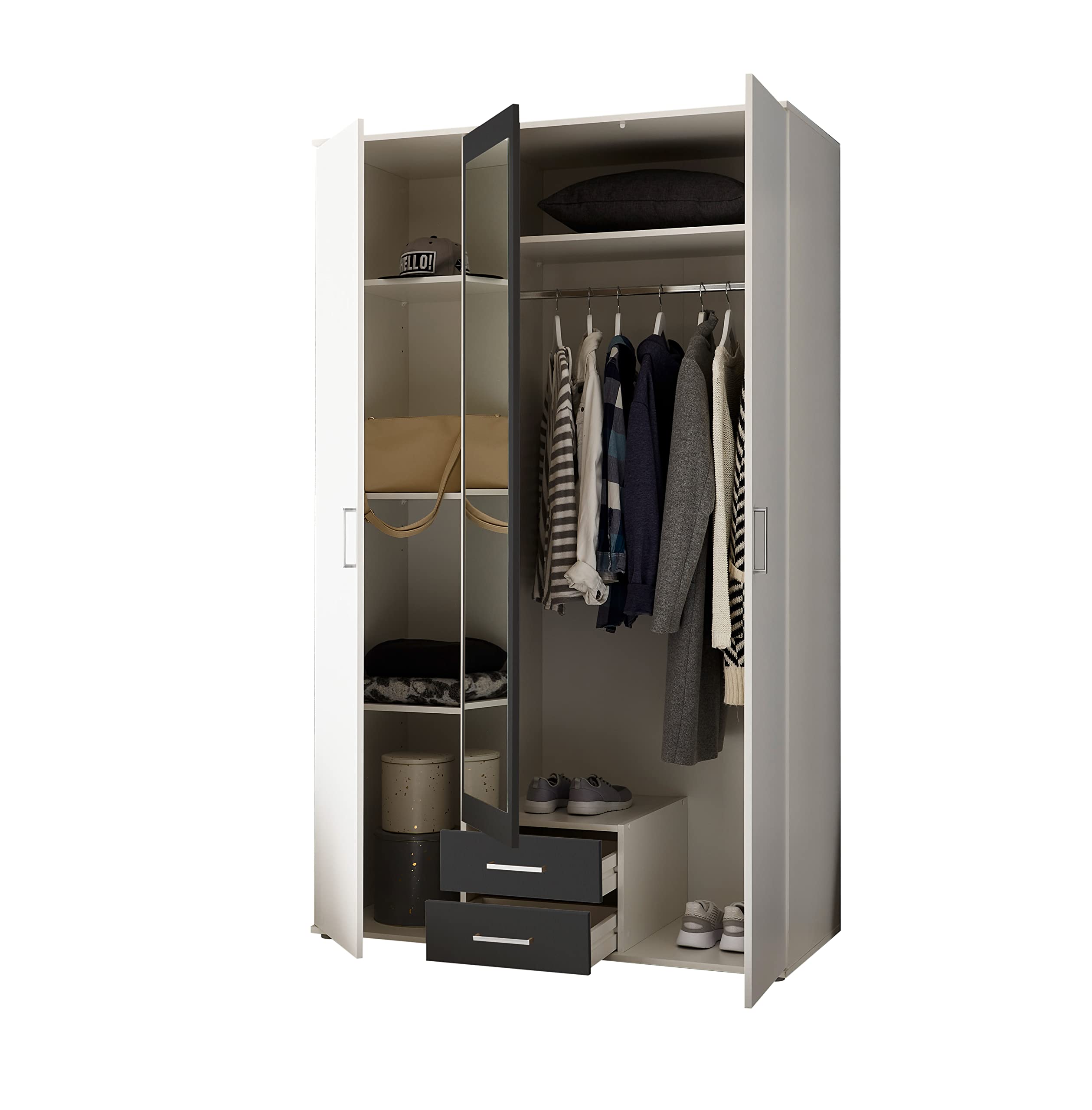 AVANTI TRENDSTORE Hanu - Armadio in legno laminato composto da 2 ante a battente, 1 anta a battente specchiata e 2 cassetti, disponibile in tre colori. Dimensioni LxAxP 120x196,3x53,5 cm