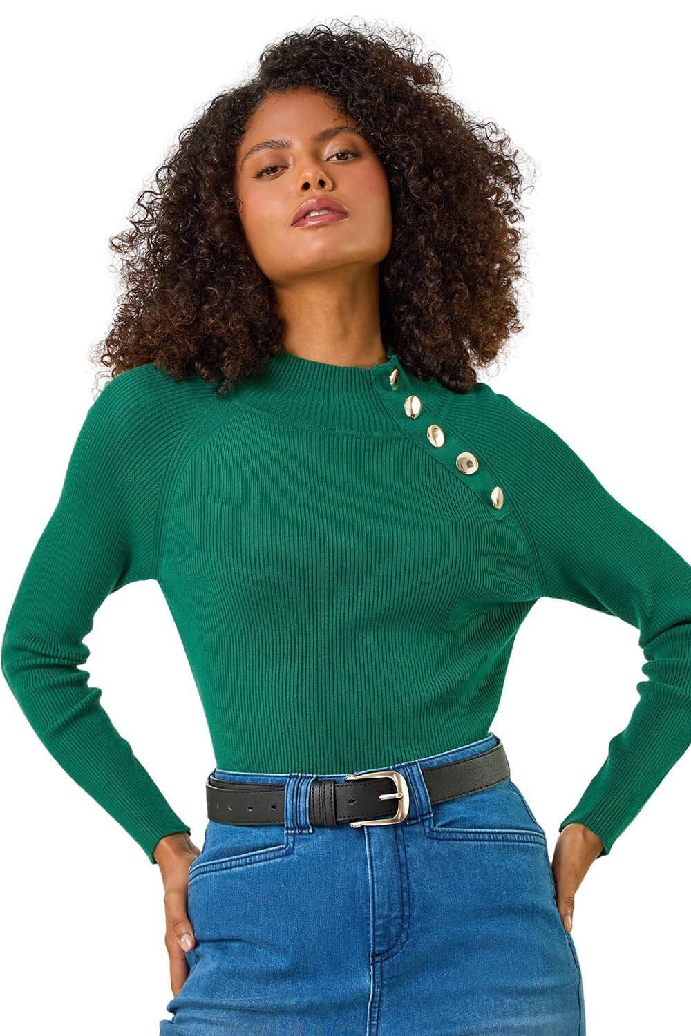 Dusk Women's Green High Neck Button Shoulder Jumper In | Size: 16