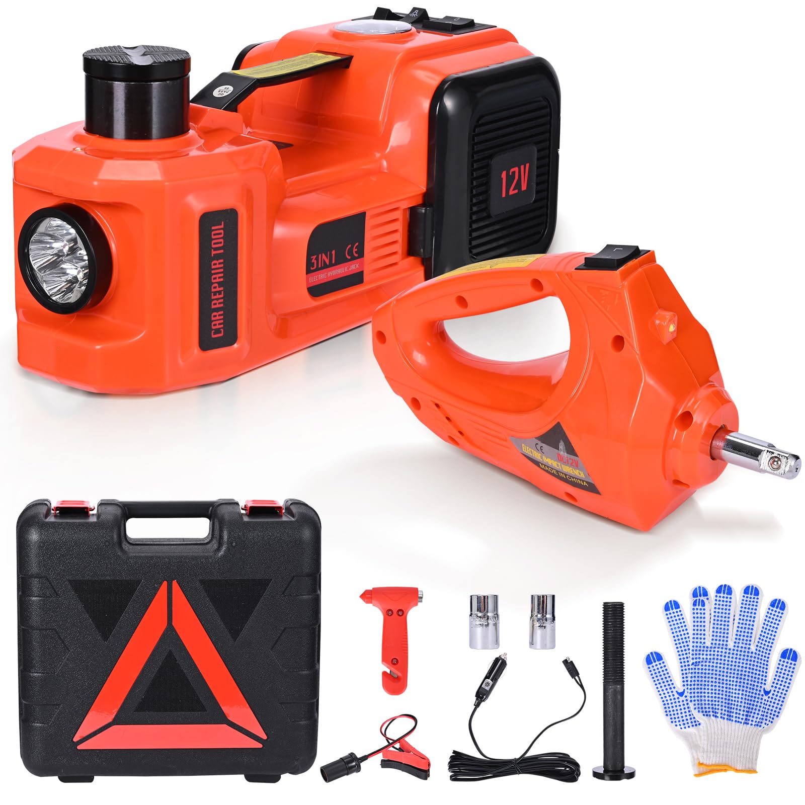 Gato hidráulico eléctrico con Llave de Impacto, compresor de Aire y maletín de Transporte, Capacidad 5T, 150 – 530 mm, Luces LED, Funcionamiento 12 V/CC para Cambio de neumáticos y