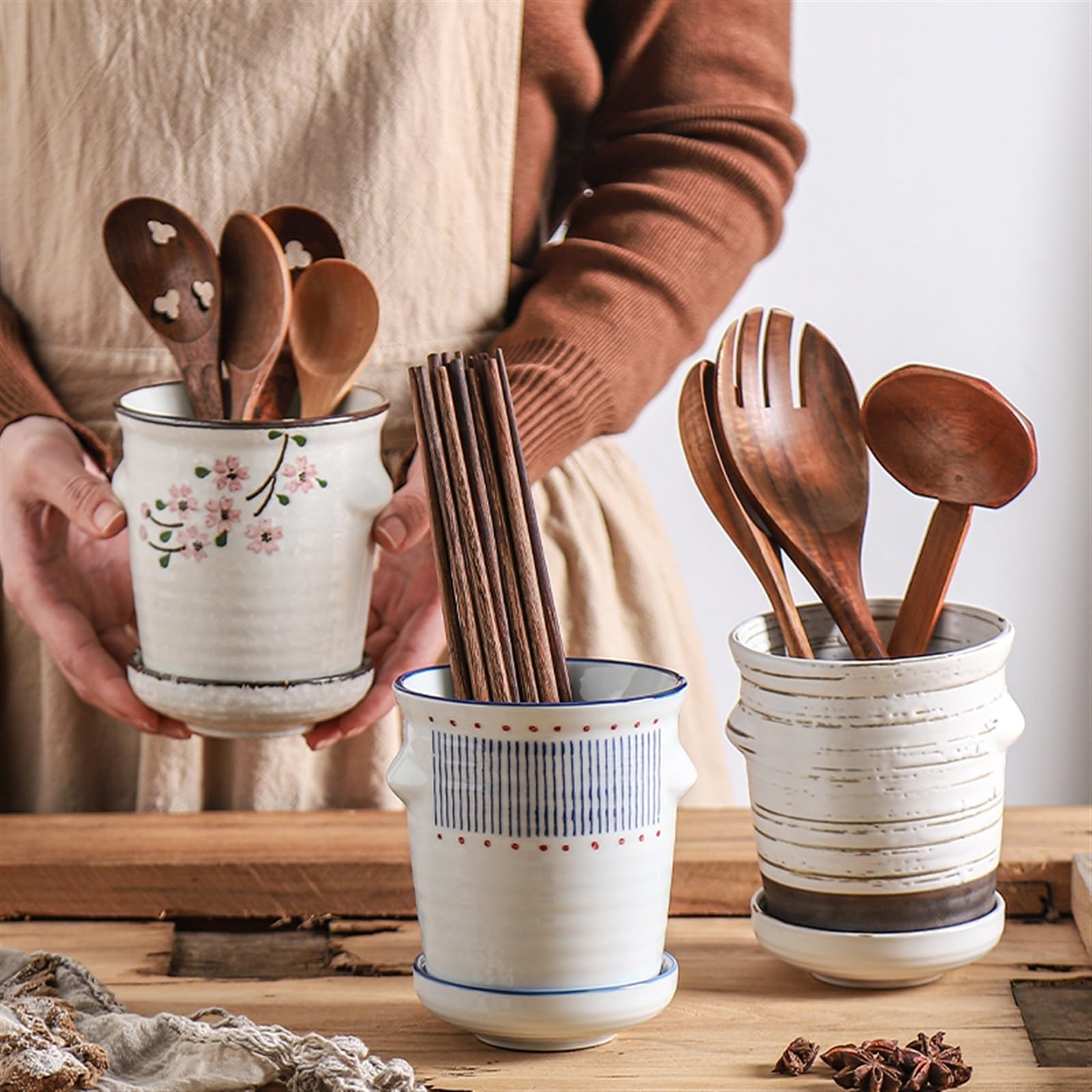 Porte-ustensiles De Cuisine En Céramique, Récipient De Rangement Pour Accessoires De Cuisine, Cuillère à Soupe, Couteau Et Fourchette, Grand Récipient