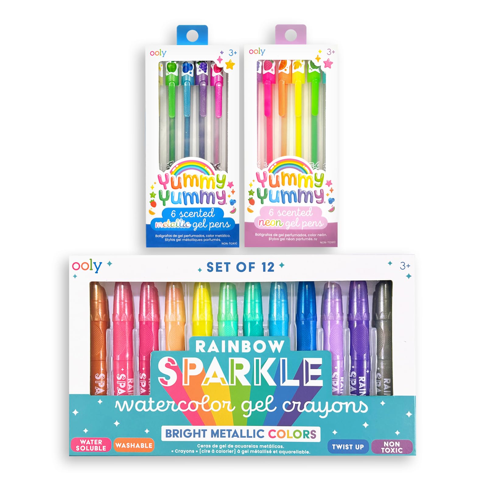 OOLY Rainbow Sparkle Metallic Watercolor Gel Crayons, Set of 12 [Metallic Gen 2] & Yummy Yummy Scented Gel Pen Bundle of 12 Pens