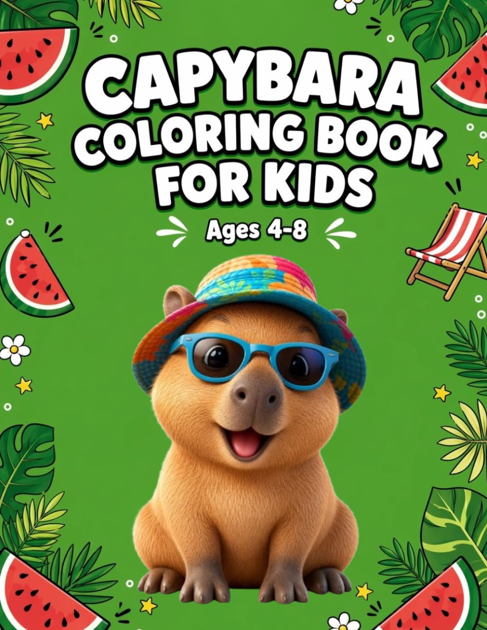 Capybara Coloring Book for Kids: 70 Cute Designs of Capybaras at the Beach, Swimming, Fishing, and Eating Watermelon - Fun Summer Activity Book for Ages 4-8