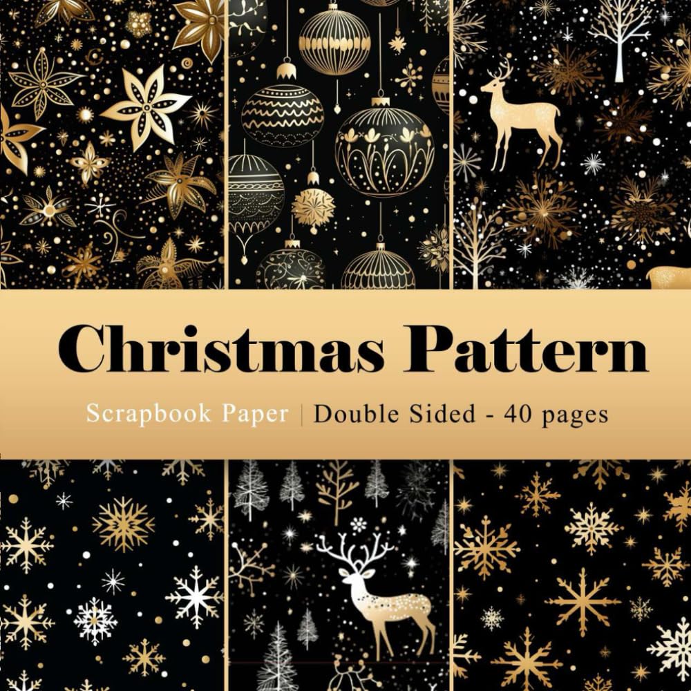 Christmas Pattern Paper Black and Gold , Sheet Snowflake Reindeer Festival Decorative Craft Paper Double-Sided: for Card Making Junk Journal Planners