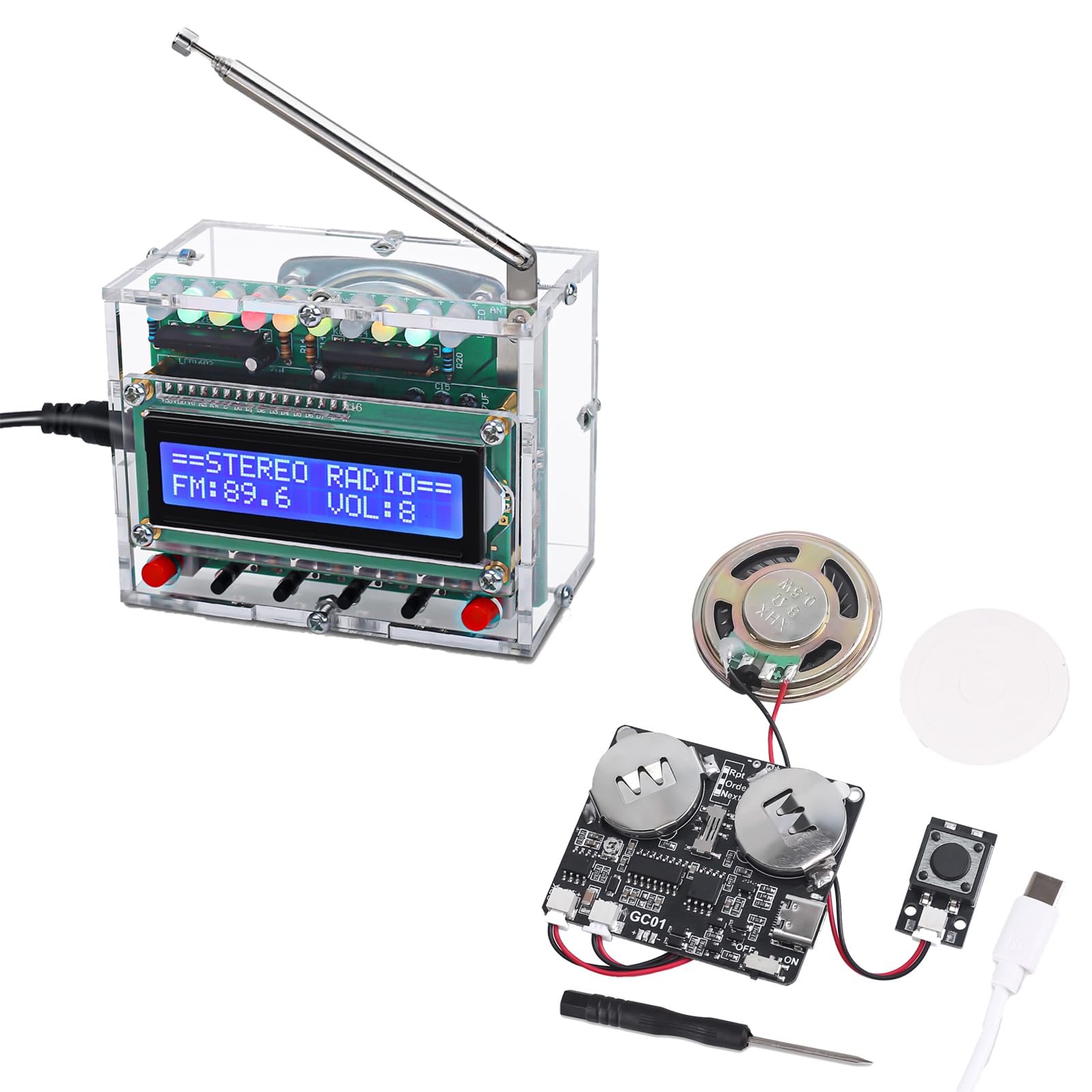 ICSTATION Soldering Projects Radio with LED Flashing Lights, Downloadable Sound Module Voice Button with 8MB Memory for DIY Personalized Present