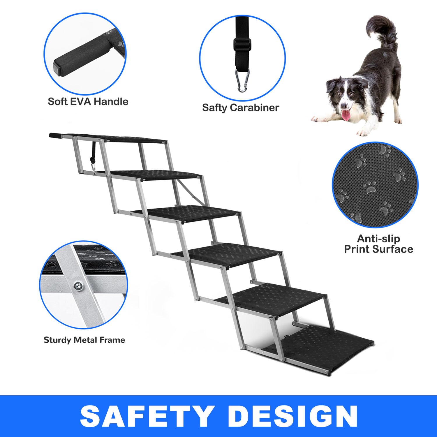Niubya Escaleras para Perros Coche Plegables-Soporta 113kg-Protege Articulaciones para Perros Grandes, Mayores o con Movilidad Reducida-Superficie Antideslizante, Marco Metálico, 6 Peldaños