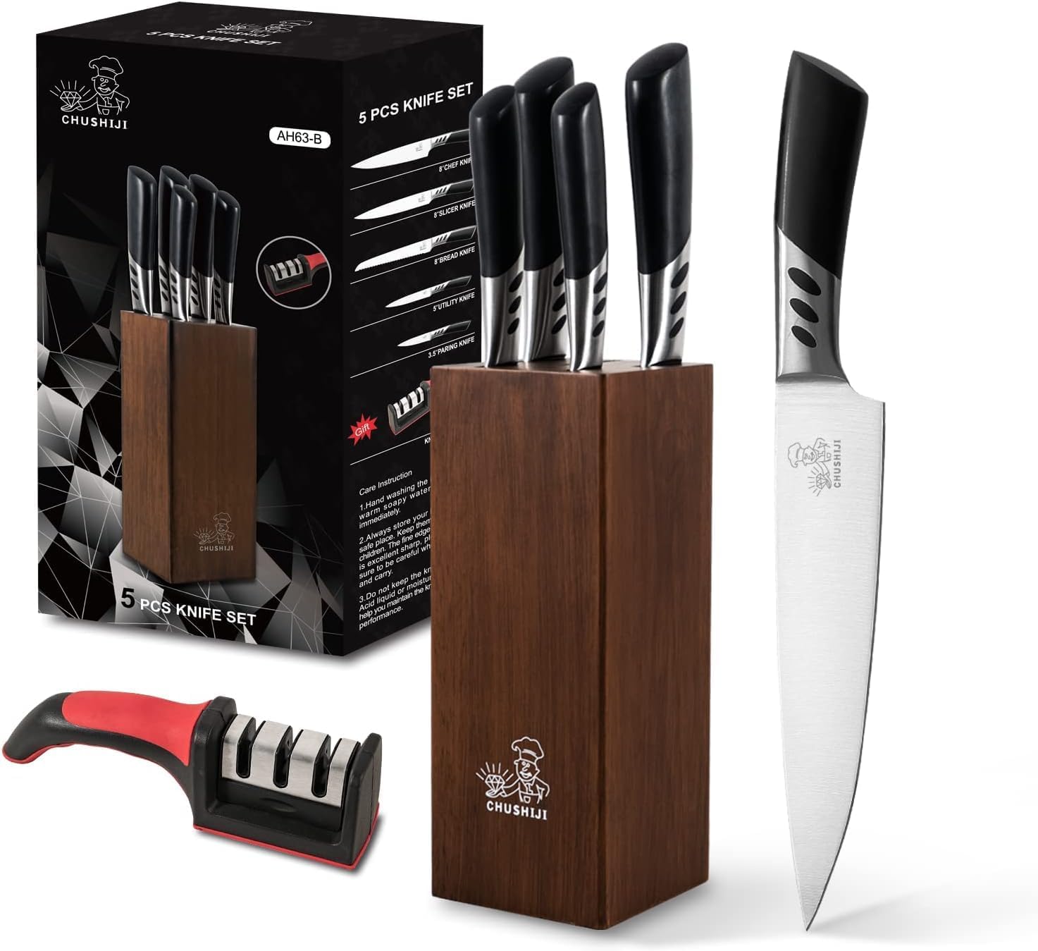 Knife Block Set, 7 Piece Cooking Knife Set, Premium Kitchen Knife Set with Knife Block and Sharpener, Hardwood Brown Knife Set,New Apartment Gift Knife Block Set, 7 Piece Cooking Knife Set, Premium Kitchen Knife Set with Knife Block and Sharpener, Hardwood Brown Knife Set,New Apartment Gift