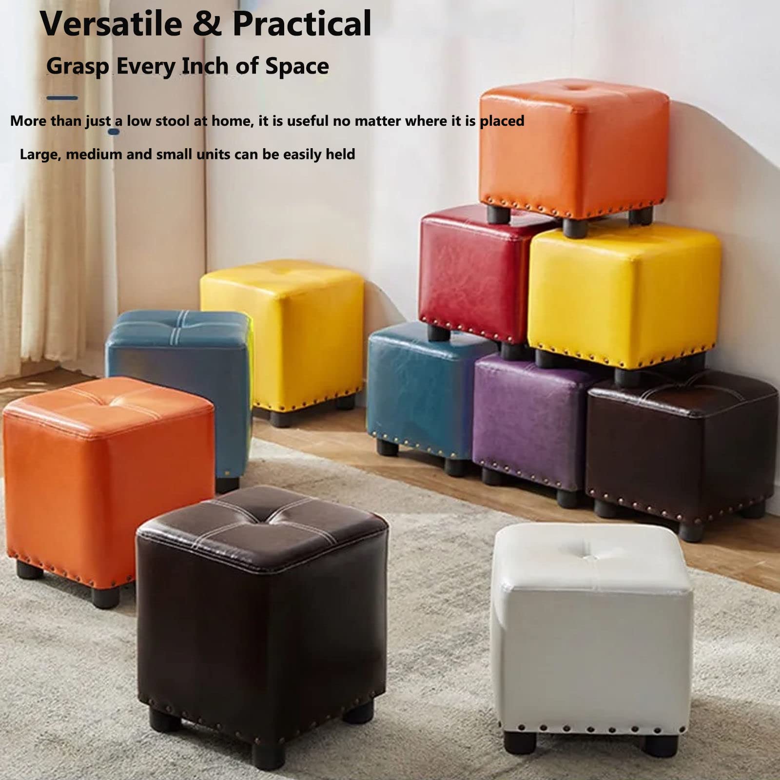 Amazon.co.jp: レザーキューブプーフオットマン,無垢材フットスツール