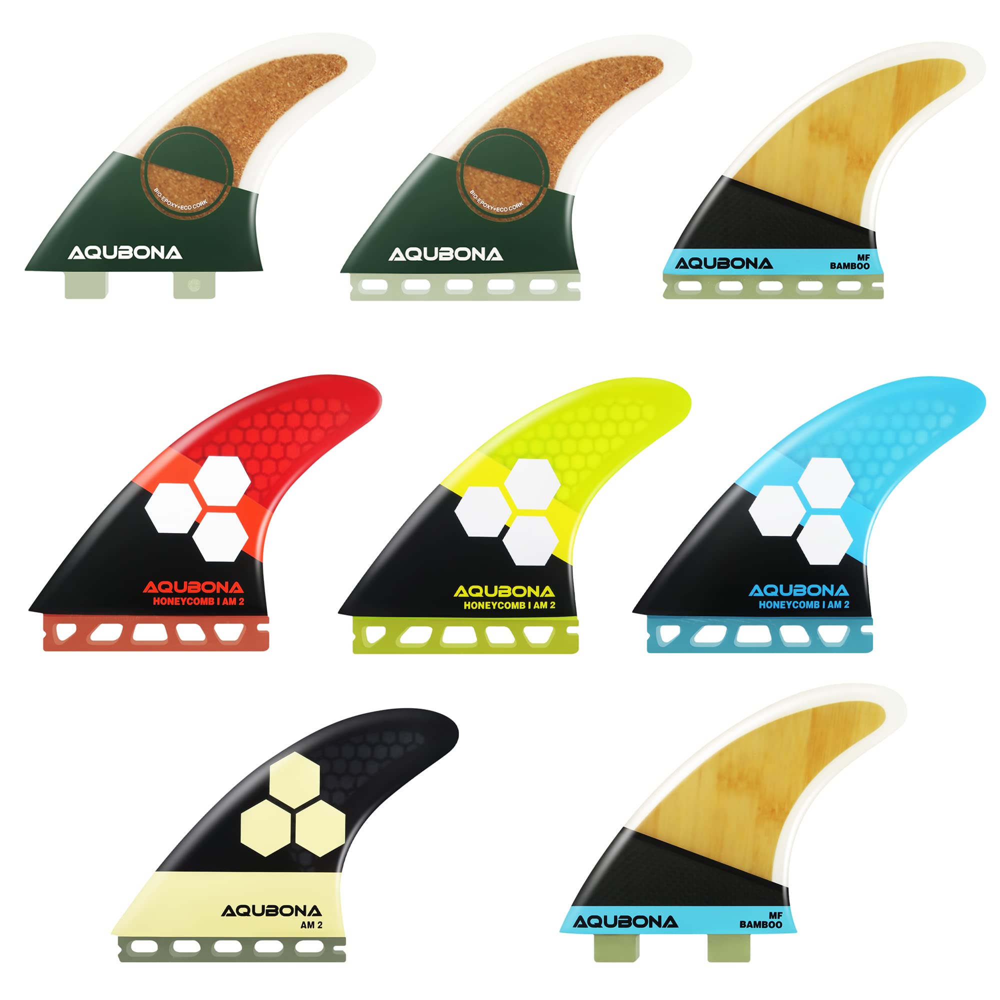 AQUBONA Large (MF) Fin Sets Bamboo Fiberglass Performance Surfboard Fins - Single Tab Or Twin Tab Surfboards-with Fin Bag Key Screw