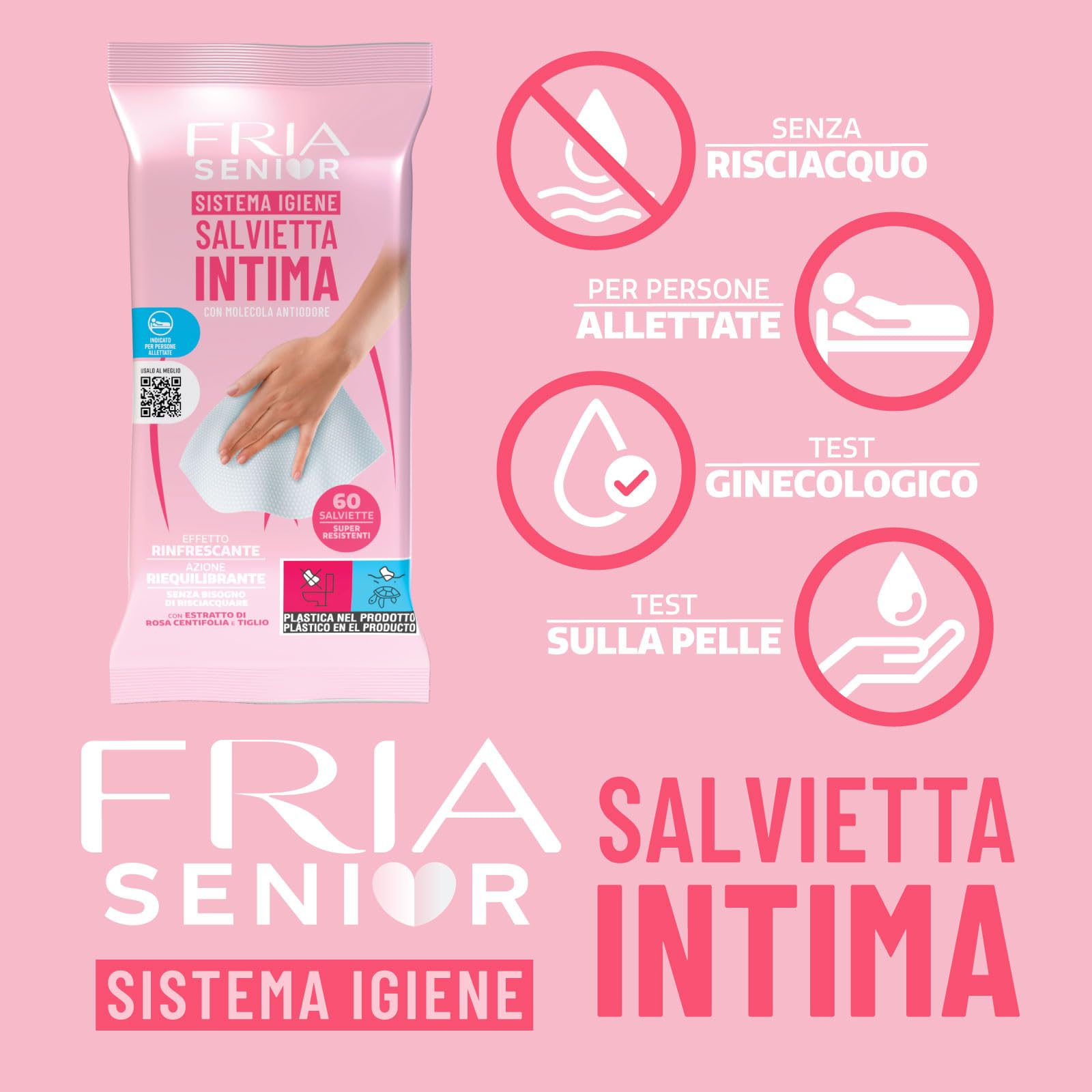 Salviette per l’Igiene Intima degli Anziani - con Estratti di Rosa Centifolia e Tiglio - Azione Riequilibrante - Antiodore - Formato: 60 Salviette - FRIA Senior (Confezione da 4)