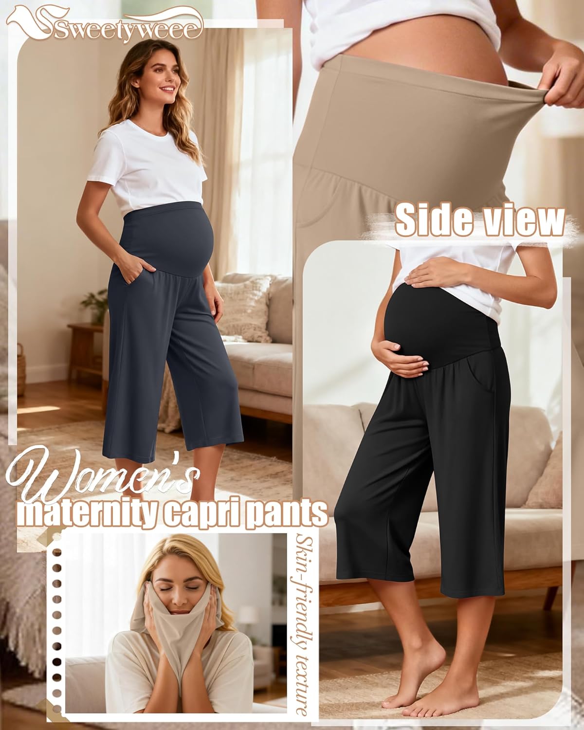 3 Pack Women's Maternity Capris, Over The Belly Pregnancy Cropped Pants High Waisted Adjustable with Pocket - Image 3