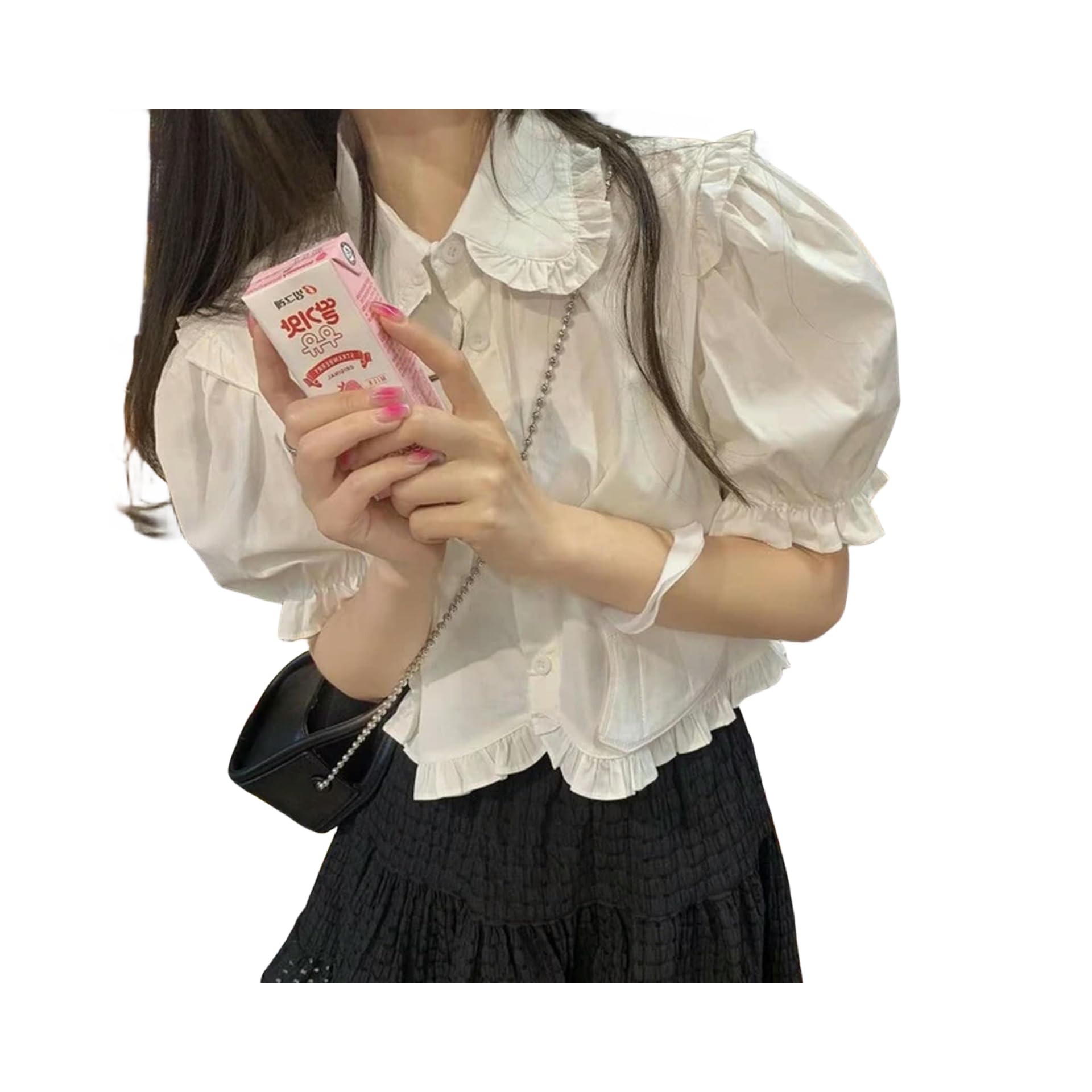 Fresqa Women's White/Pink Blouses Sweet Lolita Girly Preppy Japanese Style Cute Puff Sleeve Shirts Jk Ruffle Top Fashion
