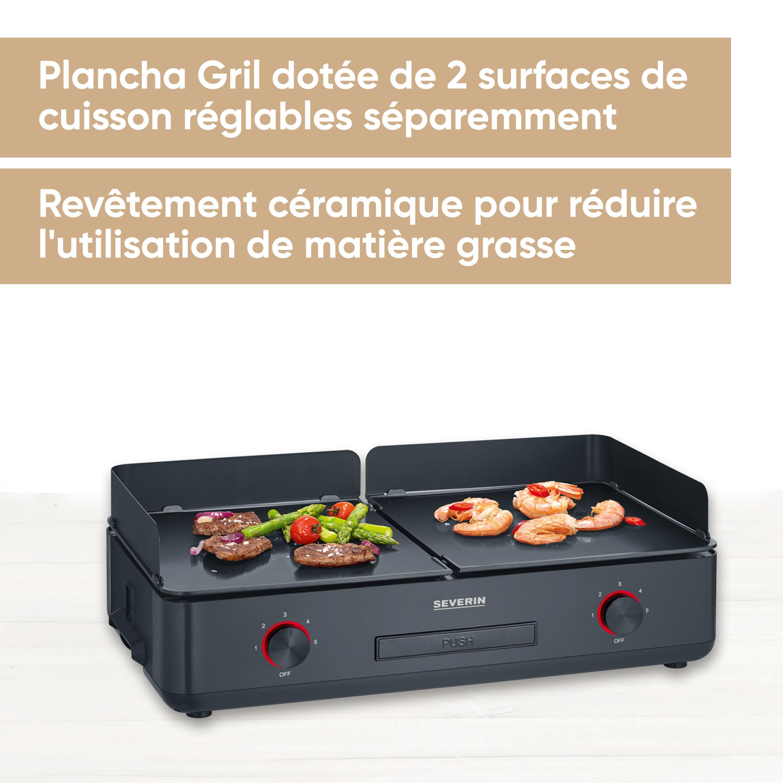 SEVERIN Plancha réglable jusqu'à 240°C, 2 200 W, Plaque de cuisson au revêtement céramique pour viandes, poissons & légumes, Gril électrique avec bac récupérateur de graisse amovible, Noir, PG 8569