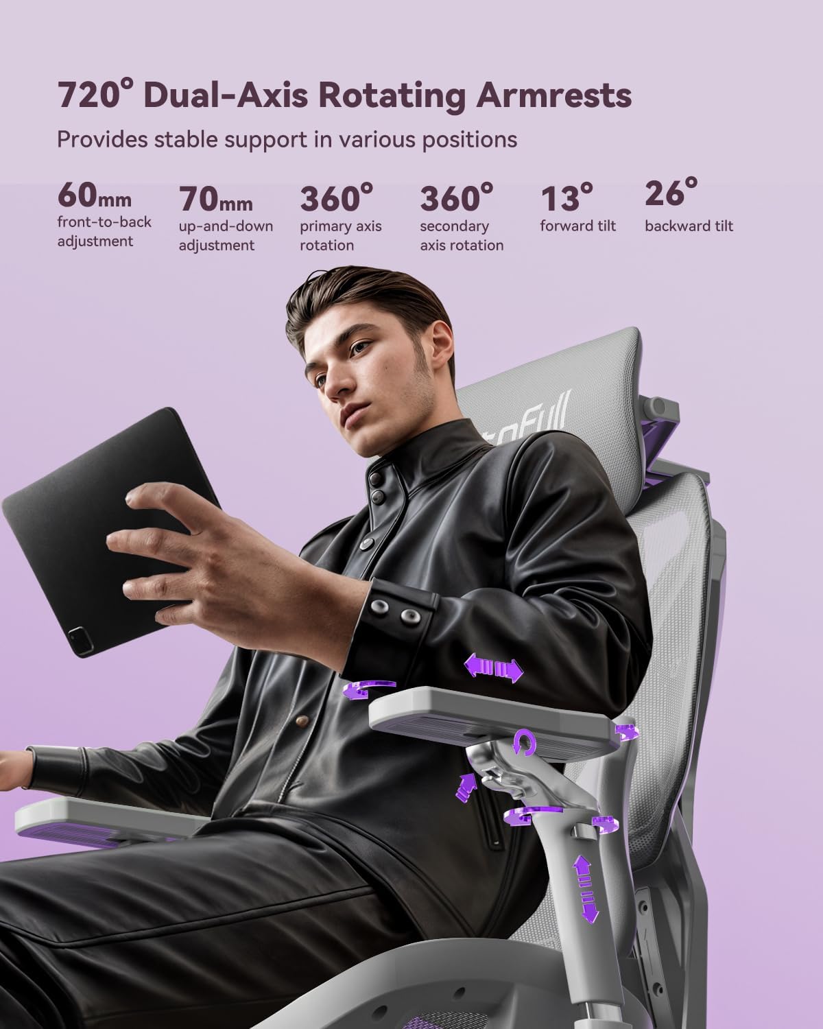 AutoFull G7 chair with armrest adjustments highlighted