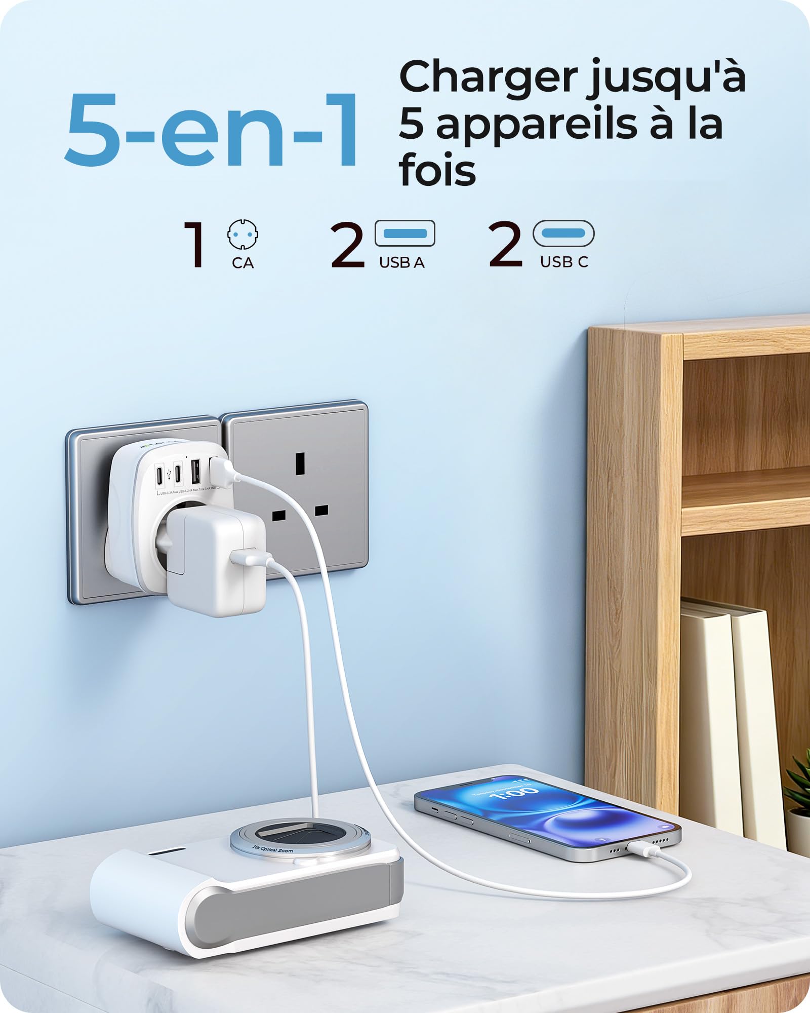 LENCENT Adaptateur Prise Anglaise UK Voyage 2 USB 2 Type-C FR vers GB 3 Broches Type G