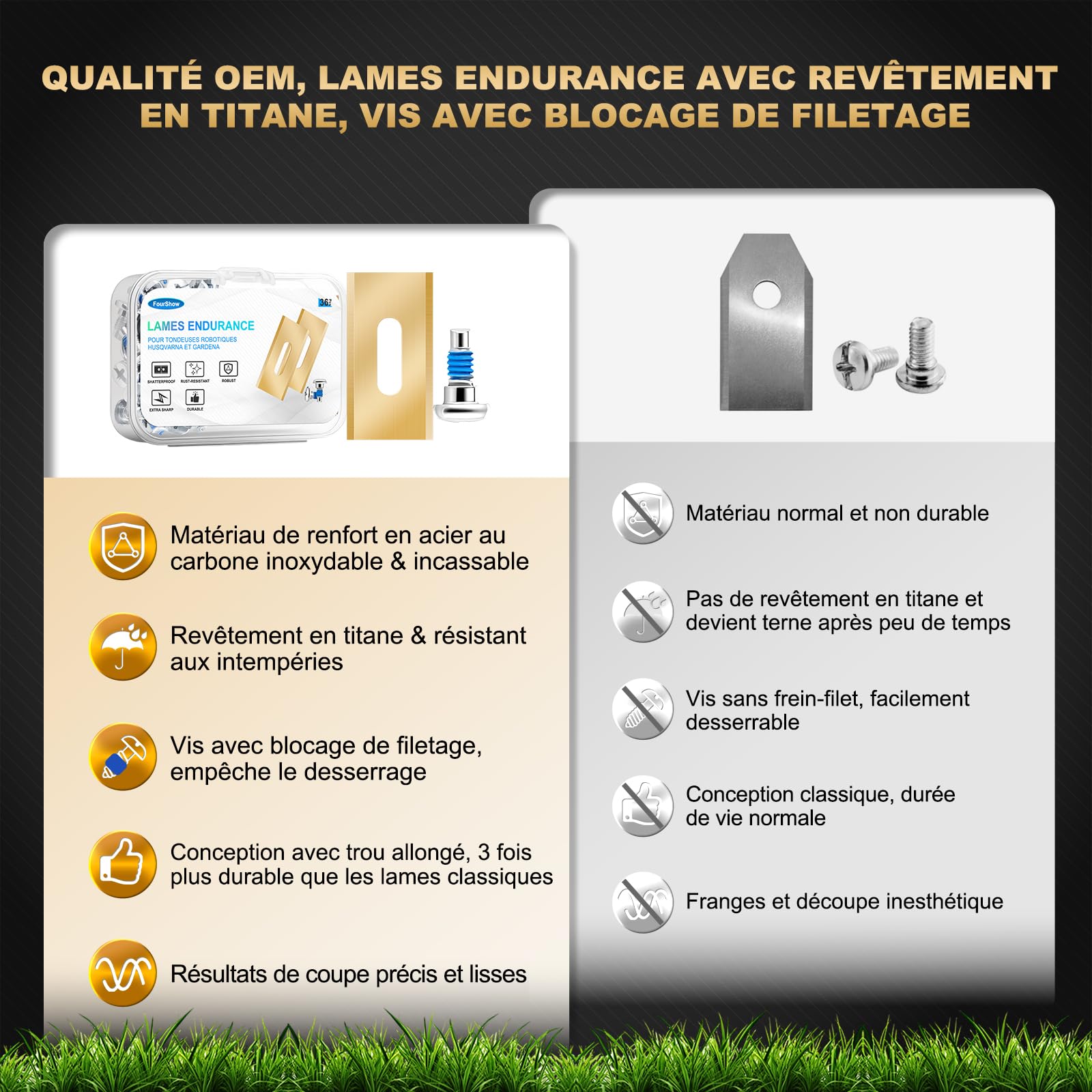 36 pièces de lames Endurance compatibles avec TOUS les robots tondeuses Husqvarna, lames de remplacement durables en titane, y compris des vis avec revêtement de sécurité