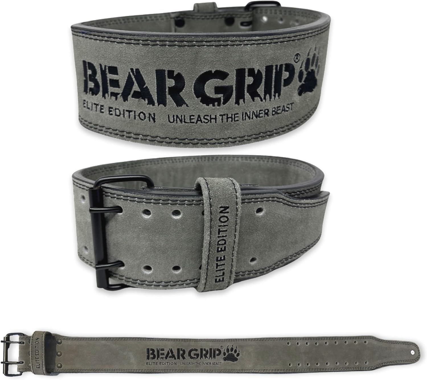 BEAR GRIP Power Belt – Elite Edition Leather Weight Lifting Belt for Men & Women, Double Prong Belt for Gym, Squats, Powerlifting, Deadlifts, CrossFit, Dips, Weighted Pull-Ups (S, GREY)