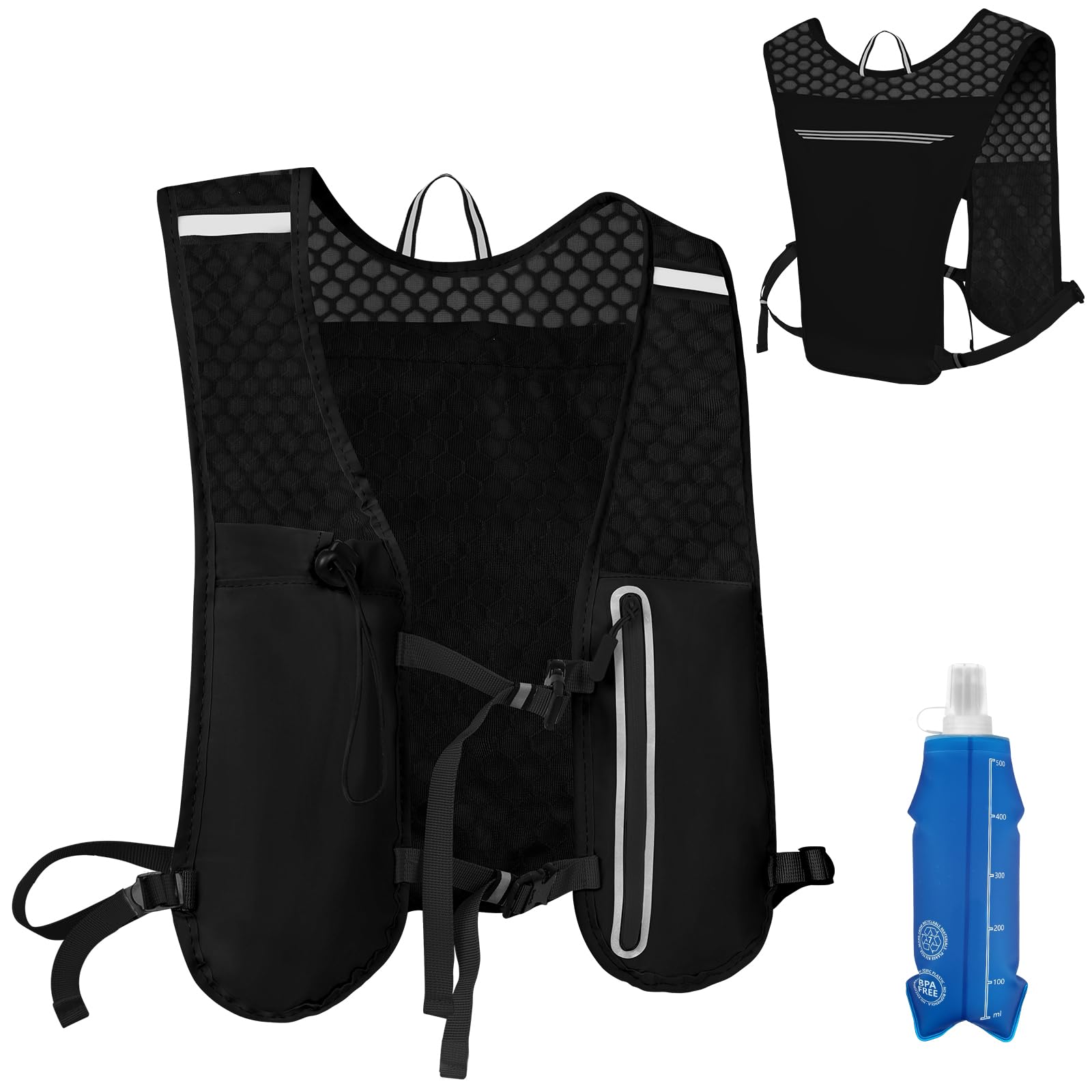 Alaoo Zaino Idratazione, Running Vest, Zaino Corsa Idratazione, con Borraccia Morbida 500ml ,traspirante, egolabile per Corsa Ciclismo Maratona Trekking Trail(Nero)