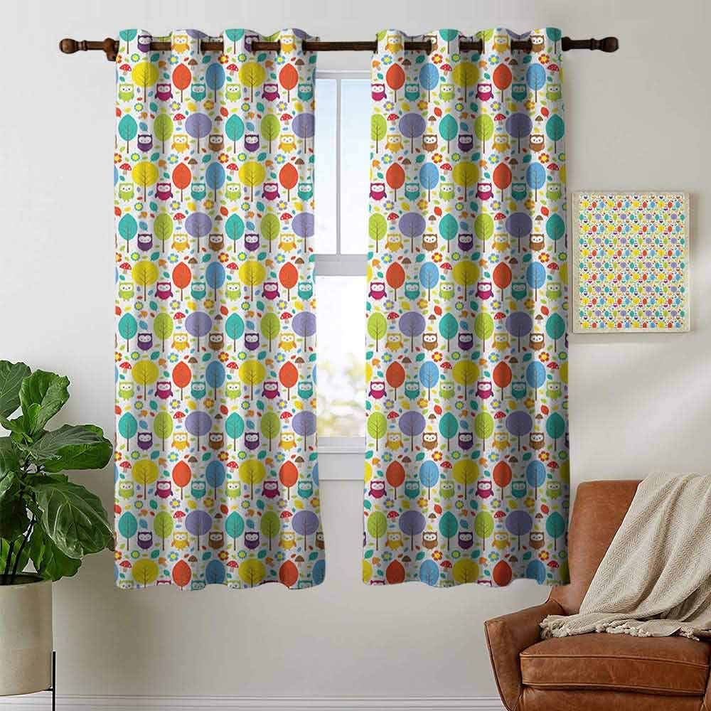 petpany backout curtains for bedroom Owls,Cheerful Nature Theme Owl Figures Trees Leafs Mushrooms and Flowers in Lively Colors, Multicolor,Pocket Thermal Insulated Tie Up Curtain 42"x63"