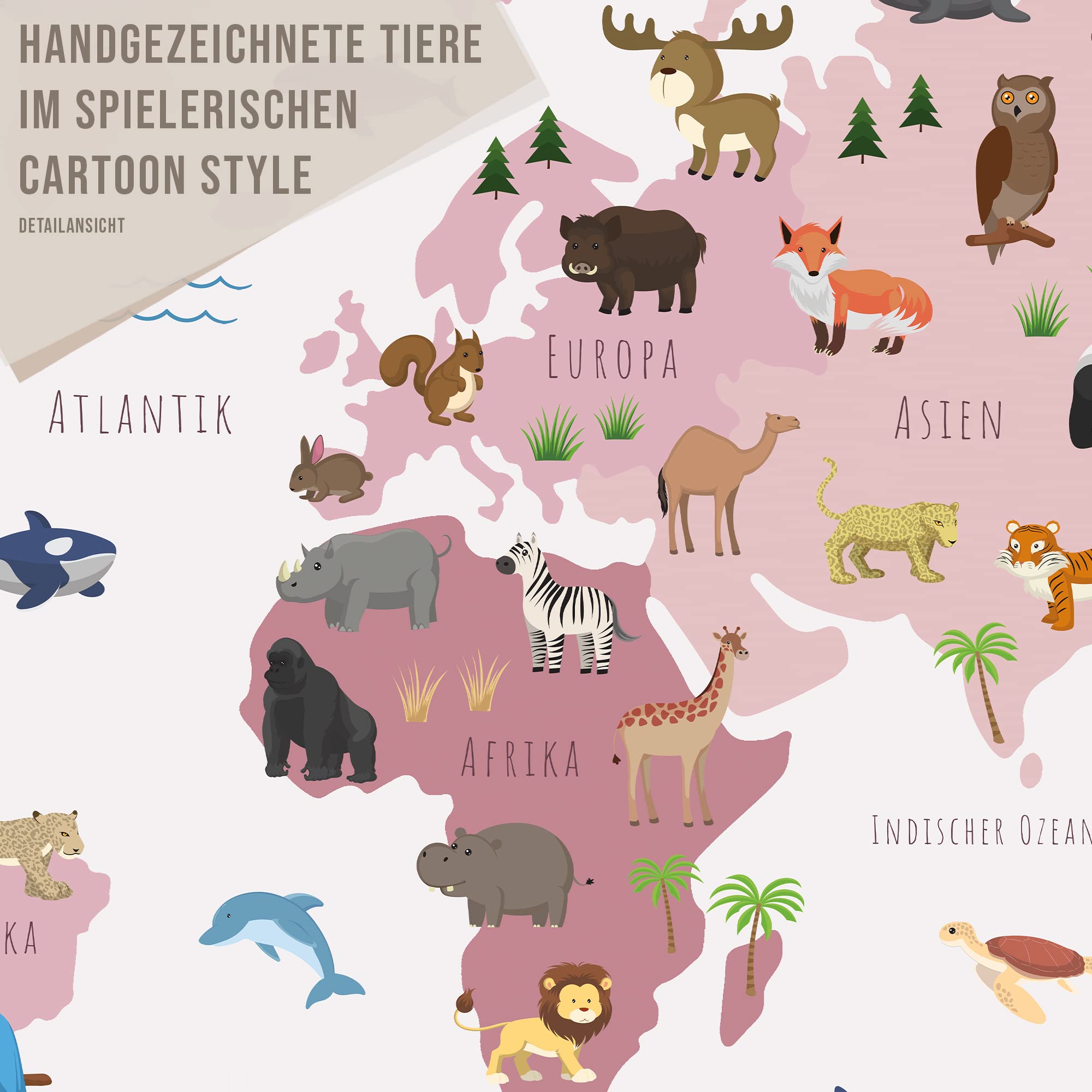 Kinderzimmer Weltkarte Poster mit mehr als 50 Tieren I Bunte Tierweltkarte Wanddeko für Jungen und Mädchen I Hochwertiger Druck (Rosa, 60x40cm)