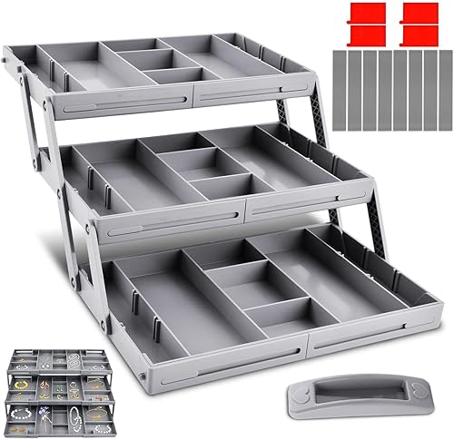 Organizador de cajones inteligente de varios niveles, organizador de escritorio expandible de 3 niveles con separadores de calcomanías y tirador de