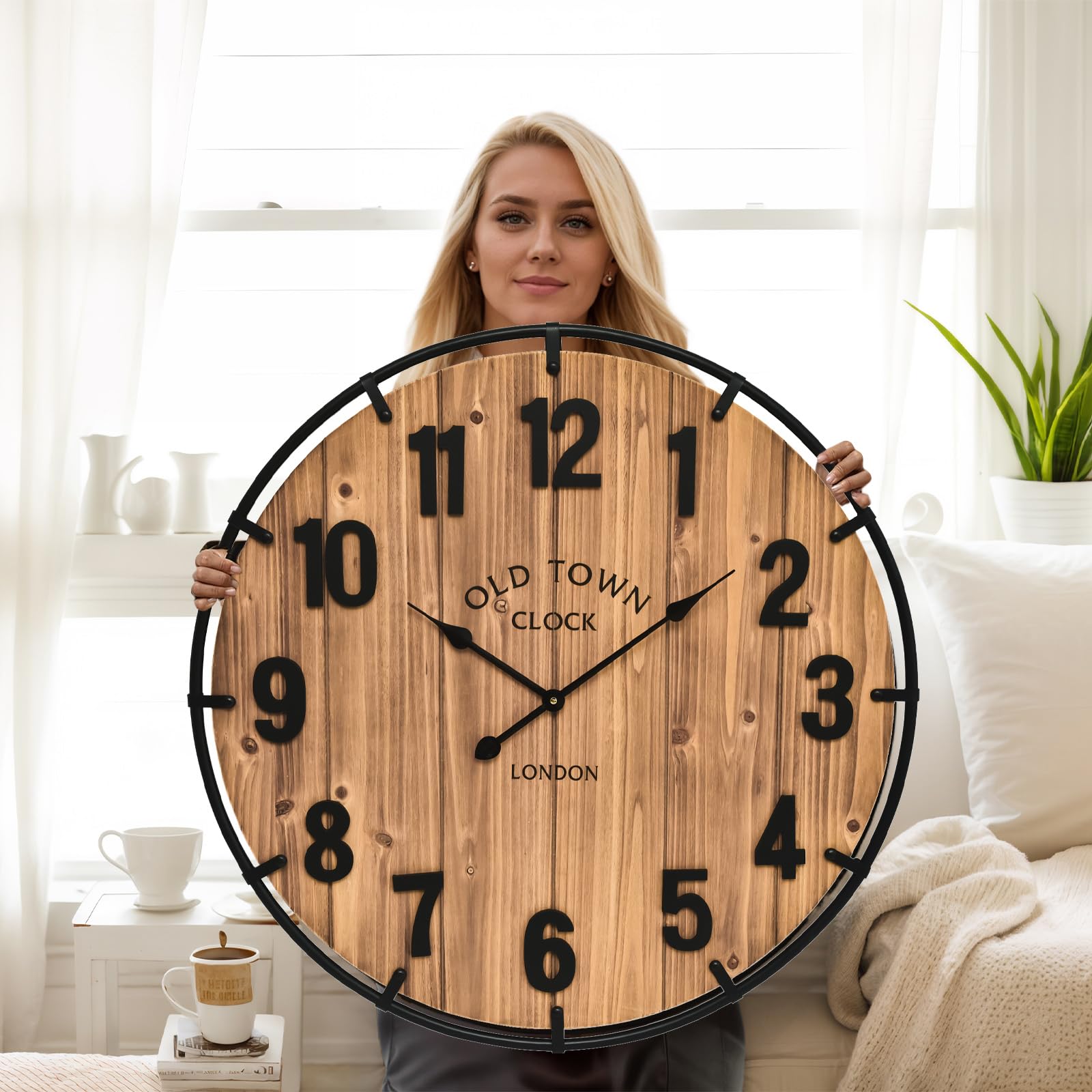 30-Inch Farmhouse Wooden Wall Clock with Metal Rim