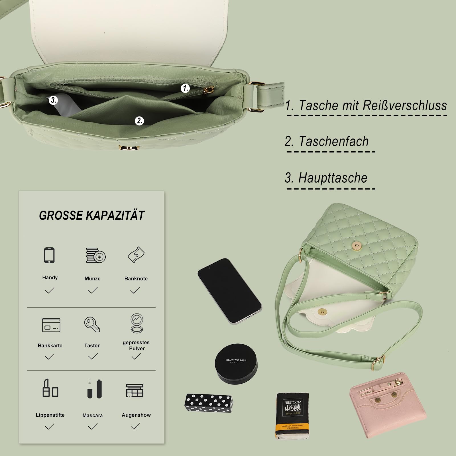 Gladdon Borsa a tracolla per gatti, borsa a tracolla regolabile, per adolescenti, ragazze e donne, verde