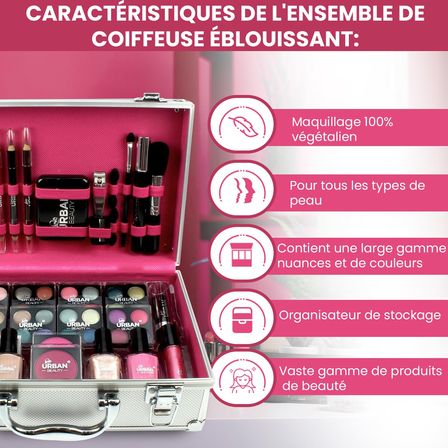 LOVE URBAN BEAUTY Dazzling – Trousse de maquillage végétalienne 60 pièces pour adolescents – Élégante boîte argentée – Design compact et léger – Ensemble de maquillage pour femme facile à transporter