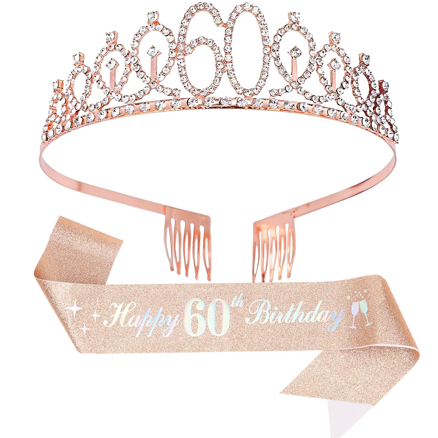 60th Birthday Decoration for Women,Rose Gold Birthday Sash and Rhinestone Crown for Women's 60th Birthday Party Supplies