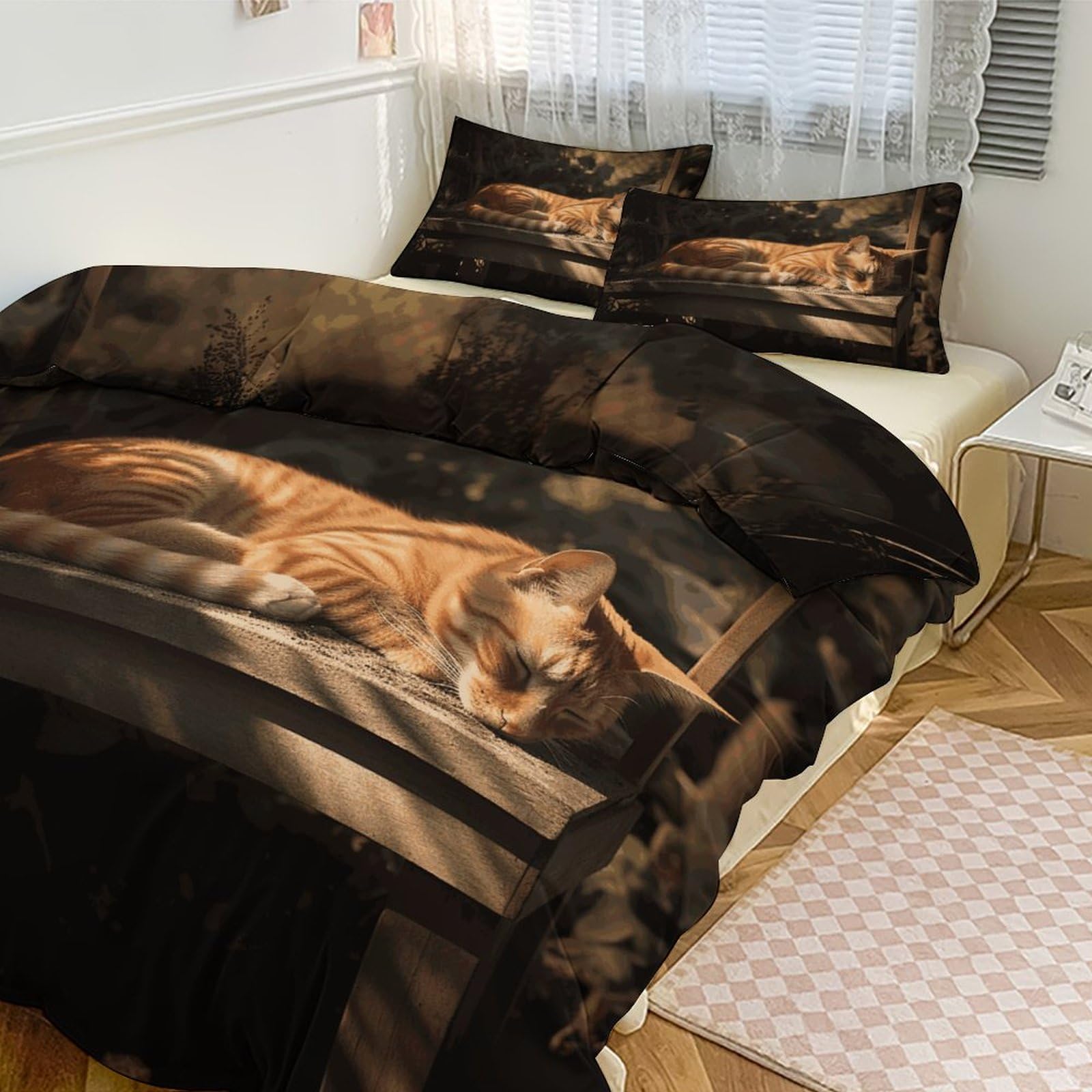 Couette pour grand lit motif chat orange résistant au froid pour hiver