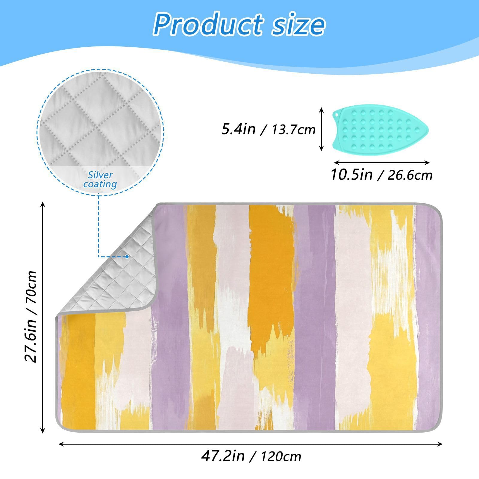 pnyoin Portable Ironing Mat Purple Yellow Vertical Stripes Travel Ironing Pad with Silicone Iron Rest for Steam Pressing on Tabletop or Bed Heat Resistant Portable Quilting & Travel Blanket