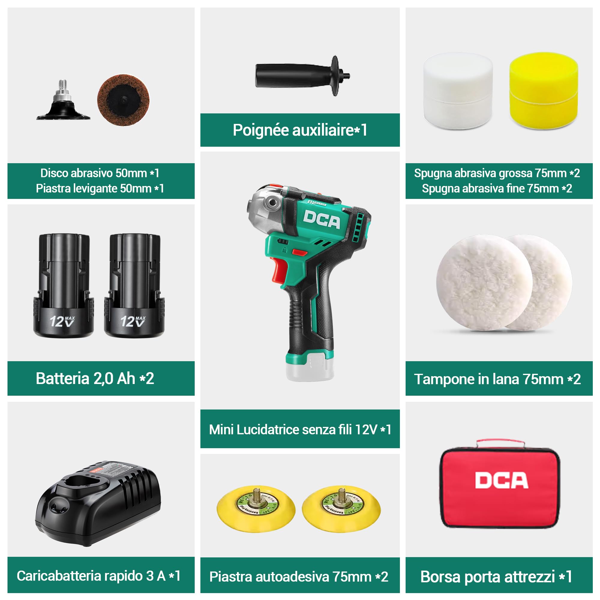 DCA Lucidatrice Auto a Batteria 12V, 75mm Mini Lucidatrice Rotativa Lucidatrice Senza Spazzole e 50mm Levigatrice, 2 Batterie da 2,0Ah, 2 Velocità 2800-8300 RPM per Lucidare, Cera e Pulire