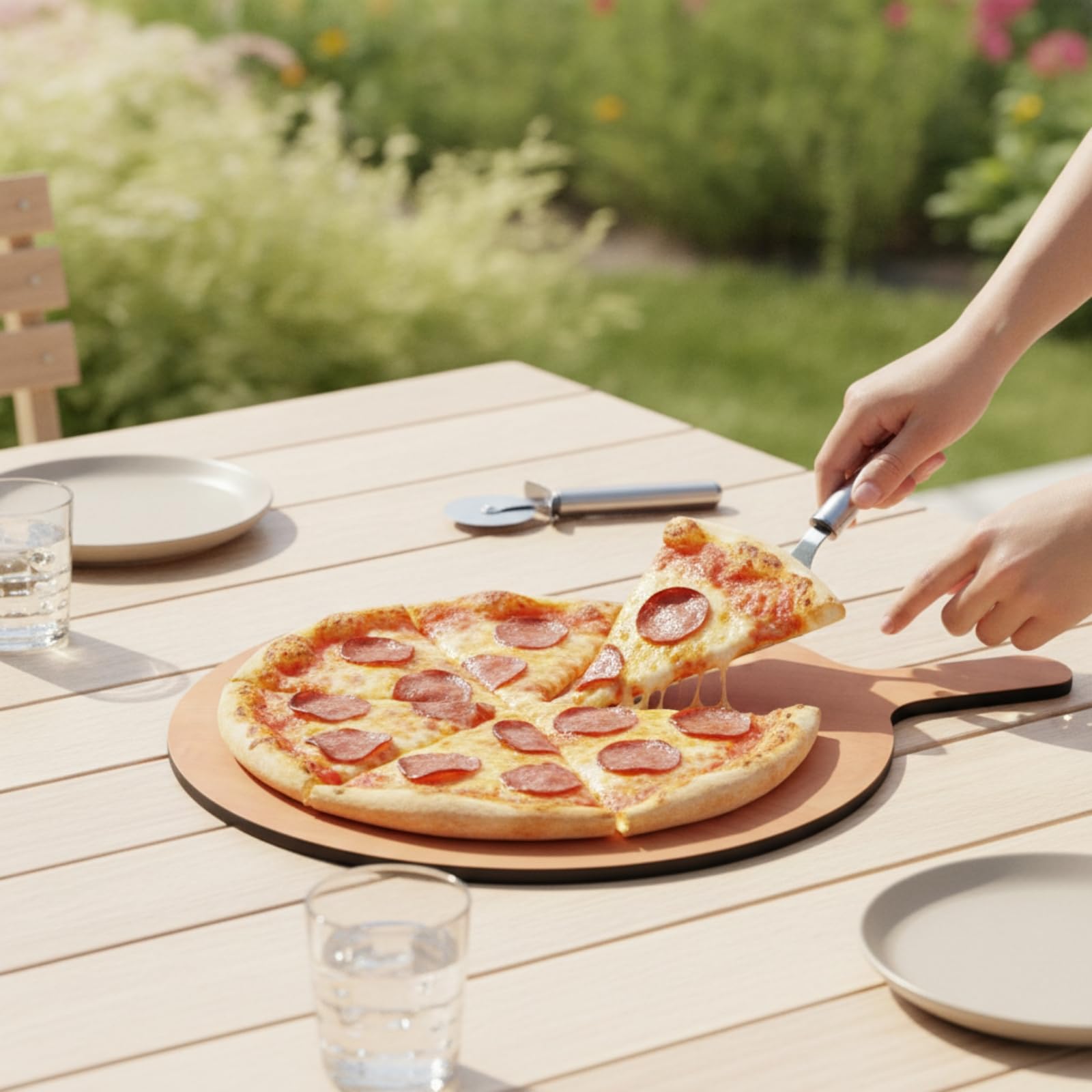 Pizza Serving Board Tagliere Pizza Rotondo Asse da Taglio Vassoio da Portata in Fibra di Legno Maneggevole E Sottile per Affettare E Porzionare Adatto a Uso Domestico Pizzeria Eventi