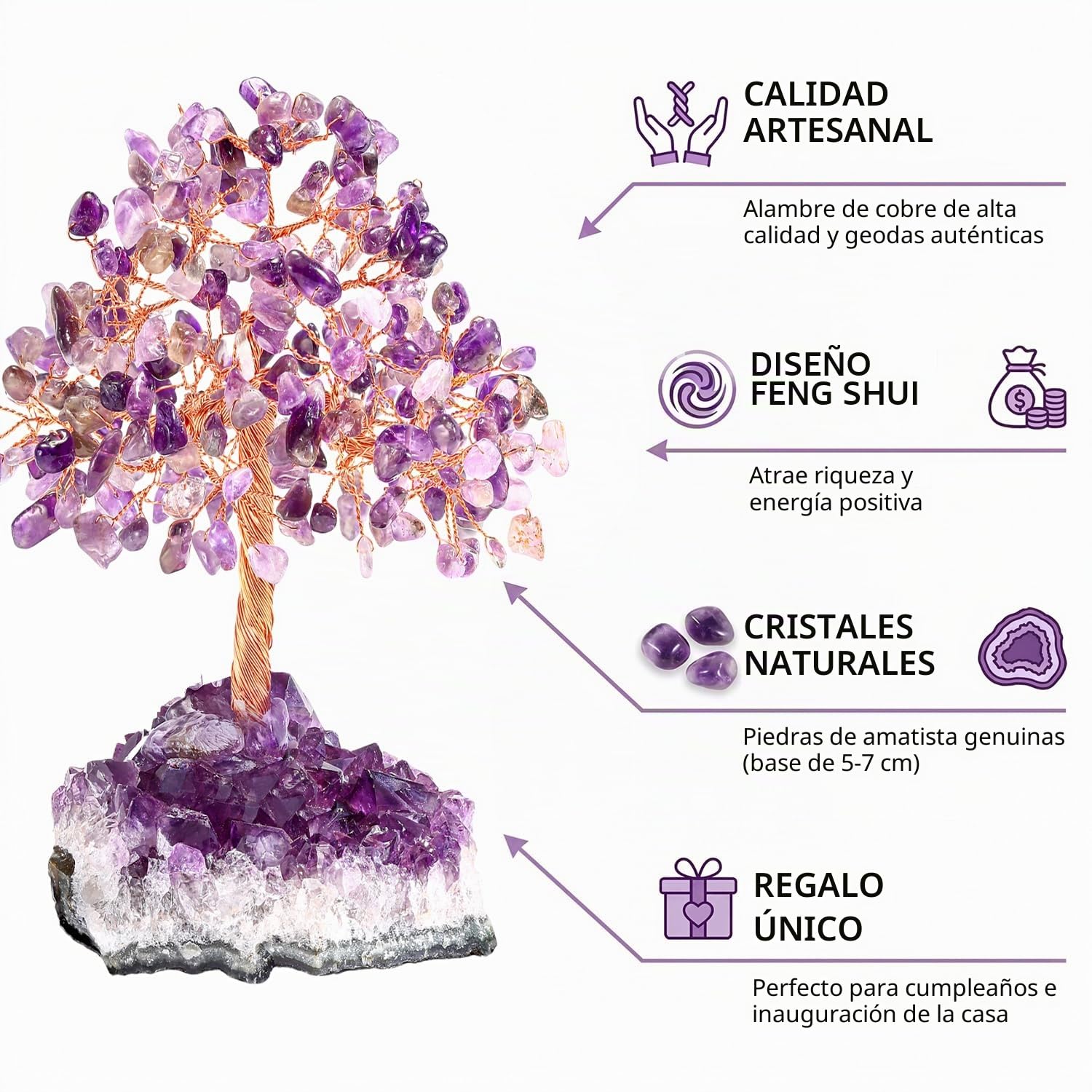 Árbol de la Vida de Amatista Natural - Árbol del Dinero de Cristal Morado para Decoración Zen, Regalo Original de Cumpleaños para Mujer, Piedra de Energía y Accesorios de Escritorio (Amatista)