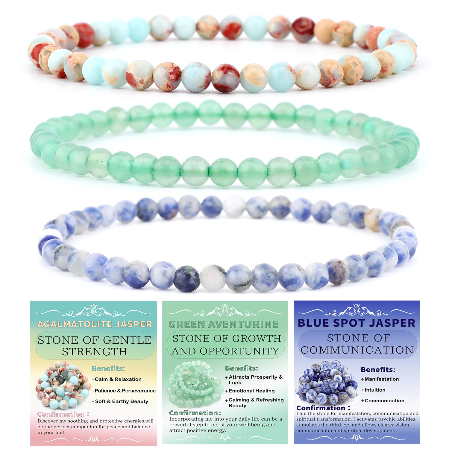 NCB Natural Crystal Gemstone Stretch Bracelets 3-Pack (4mm Beads) | Reiki Energy Healing Jewelry - main product image