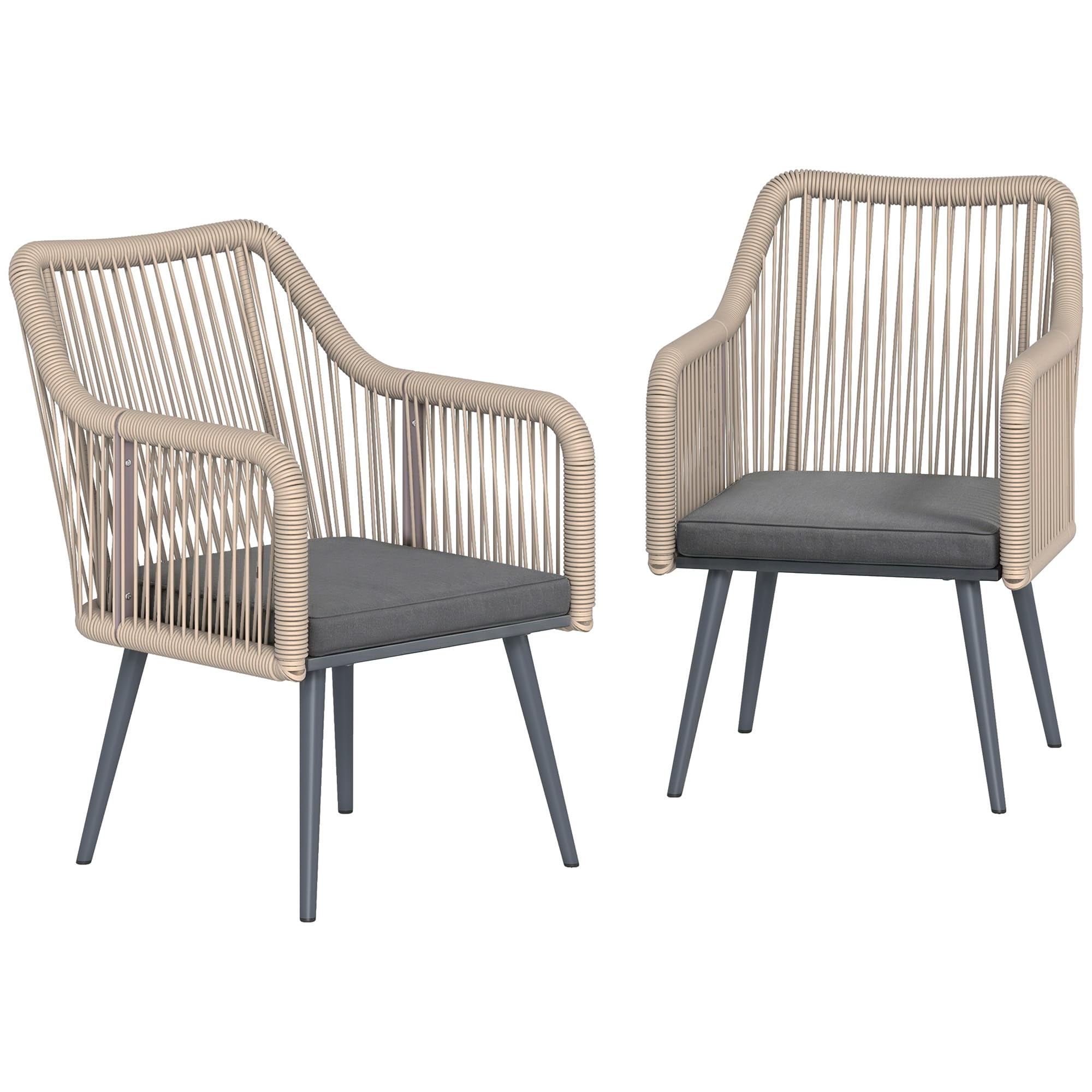 Outsunny Set 2 Sedie da Giardino in Rattan PE con Cuscini Morbidi Lavabili e Braccioli, Sedie per Pranzo da Esterno in Acciaio, da Patio, Balcone, Terrazza, Esterno, 54x65x80cm, Grigio Scuro