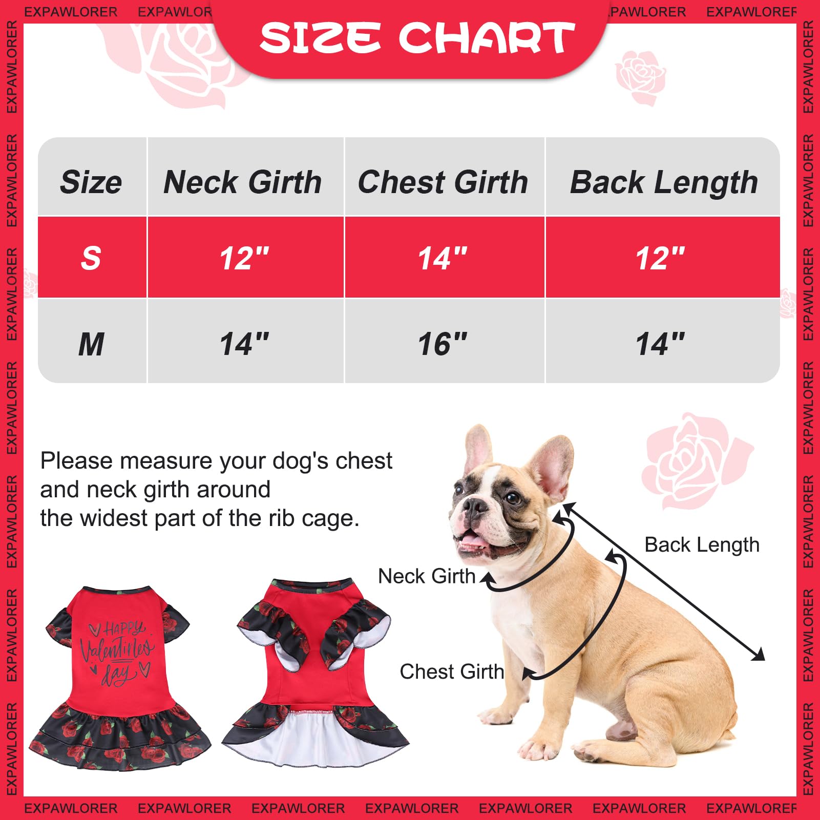 EXPAWLORER Valentines Day Dog Dresses for Small Dogs and Puppies, Girl Dog Dress Shirt Happy Valentines Day, Holiday Party Clothes Warm Cotton Skirt