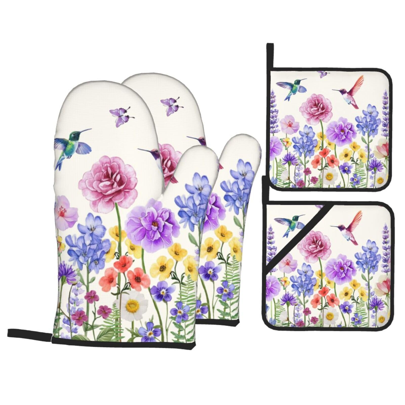 Spring Floral Oven Mitts and Pot Holders Sets - Beige Hummingbird Kitchen Mitts Potholders 4 Pack Heat Resistant Cute Butterfly Oven Gloves Hot Pads for Kitchen Baking Grilling Party