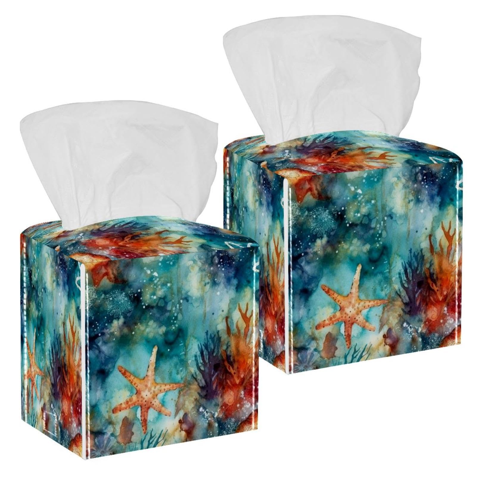 Starfish Shell Tissue Box Cover, 2 Pack PU Leather Square Facial Tissue Dispenser Box holder for Home Office Car